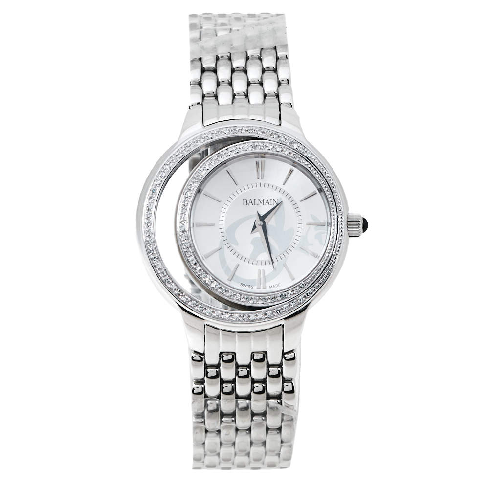 Pre Owned Balmain Silver Stainless Steel Diamond Eclipse 3291 Women's Wristwatch 34 mm