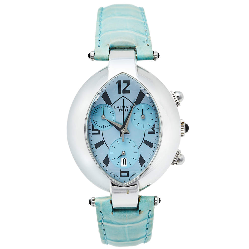 Pre Owned Balmain Mother Of Pearl Stainless Steel Leather Excessive Chrono 5831 Women's Wristwatch 32 mm