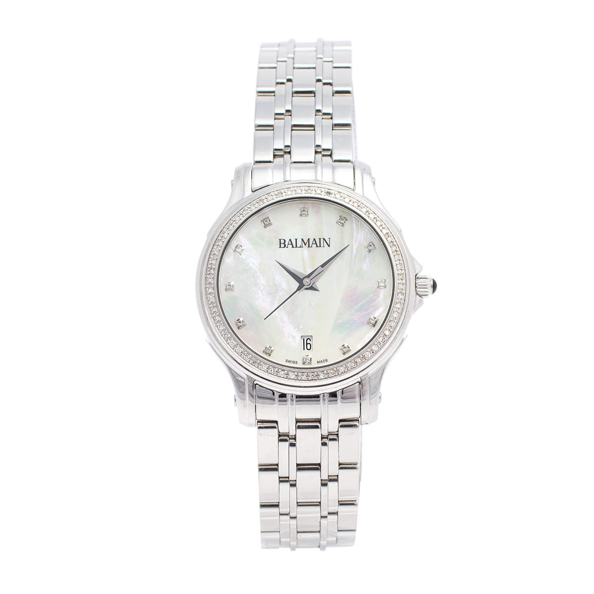 Pre Owned Balmain Mother of Pearl Stainless Steel Diamonds Eria 1855 Women's Wristwatch 34 mm