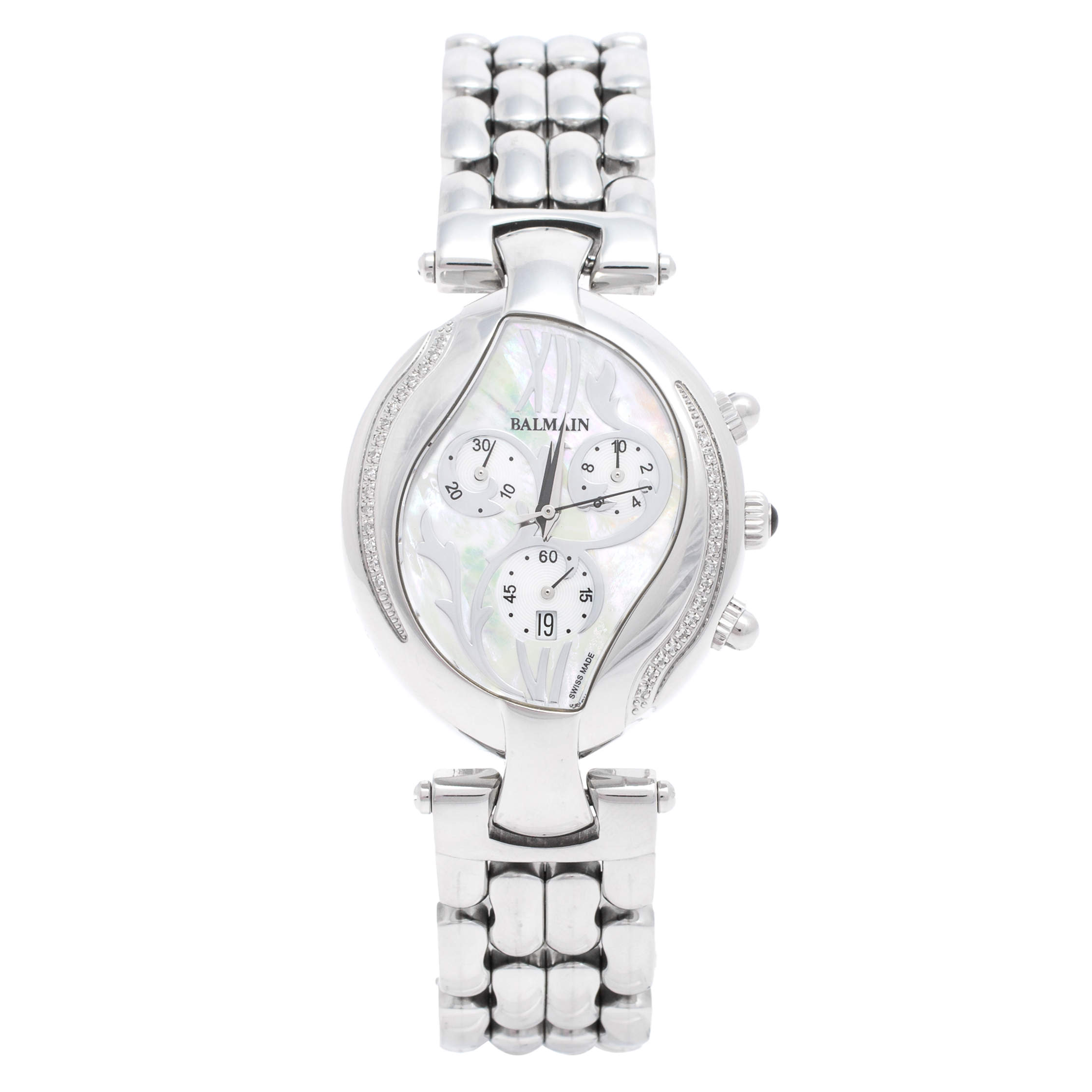 Pre Owned Balmain Mother of Pearl Stainless Steel Diamonds Excessive Chrono 5655 Women's Wristwatch 34 mm