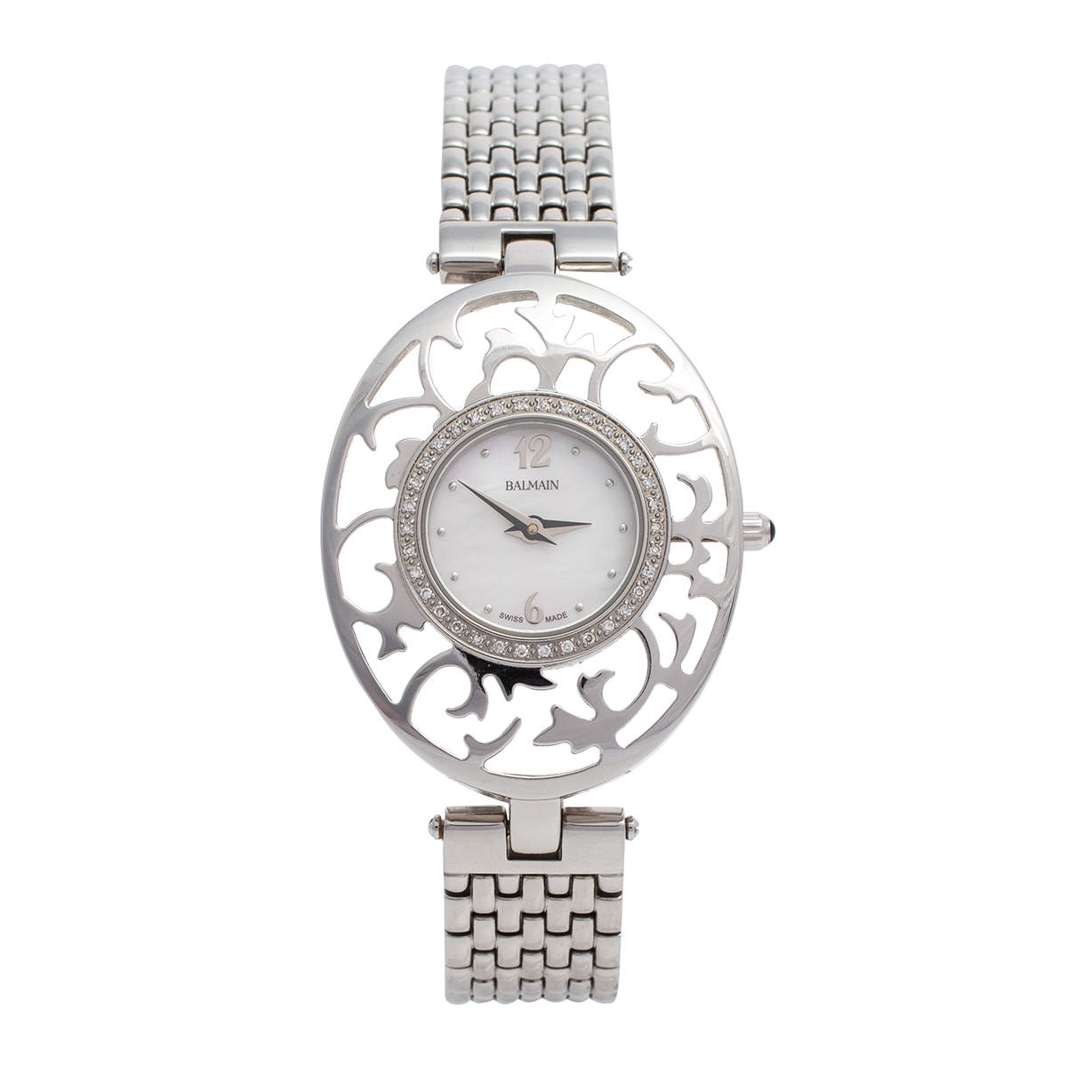 Pre Owned Balmain Mother of Pearl Stainless Steel Diamond Arabesques Bijou 3075 Women's Wristwatch 32 mm
