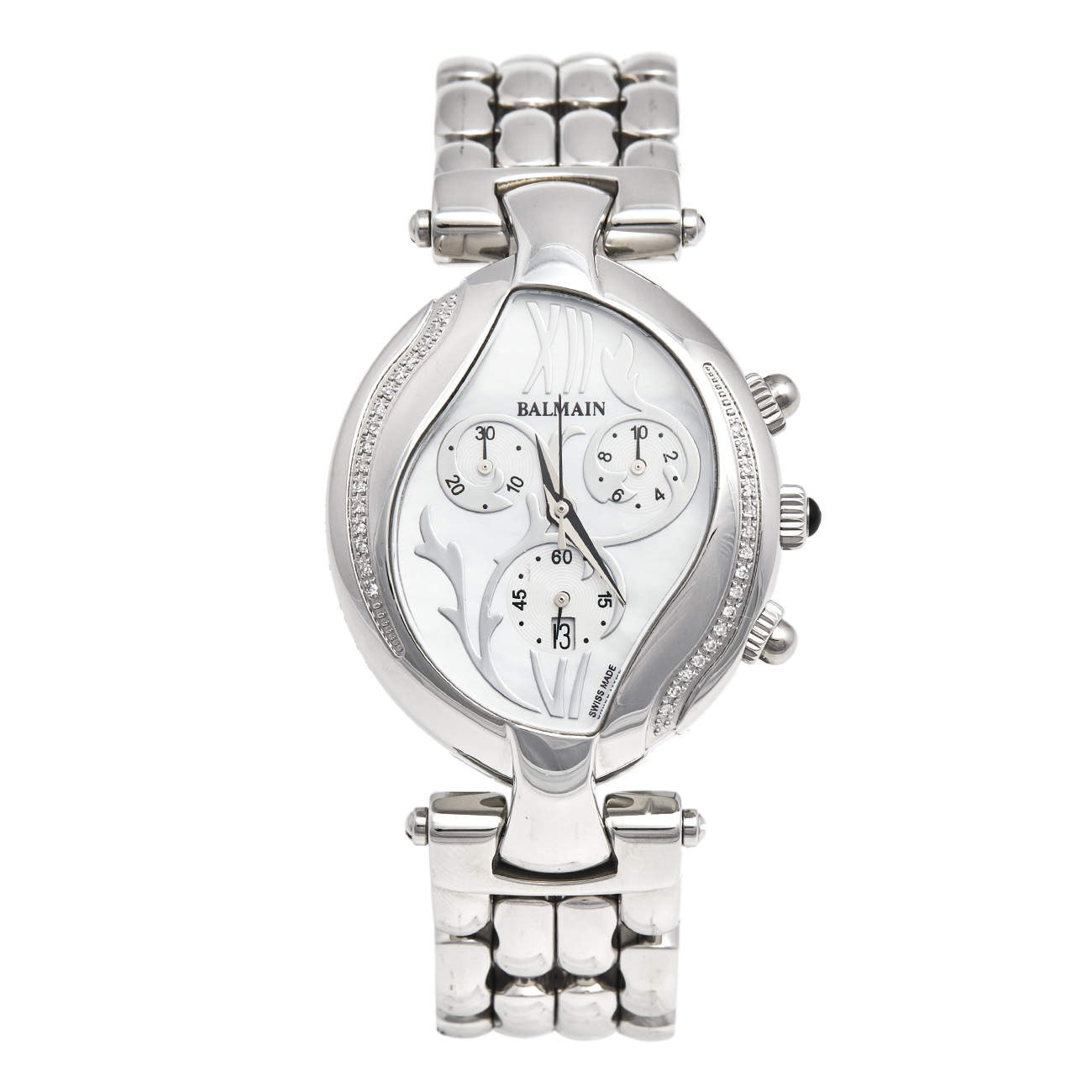 Pre Owned Balmain Mother of Pearl Stainless Steel Diamonds Excessive Chrono 5655 Women's Wristwatch 34 mm