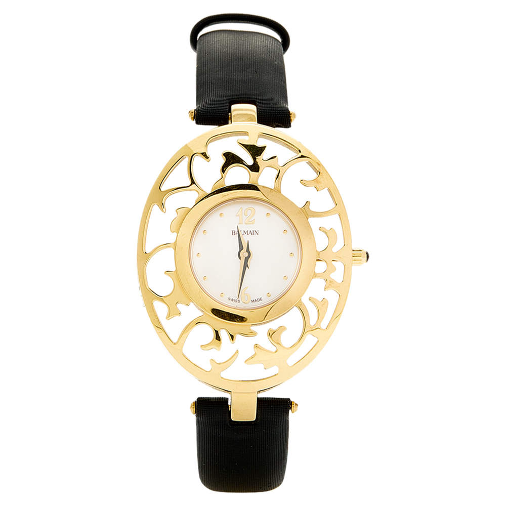 Pre Owned Balmain Mother of Pearl Yellow Gold Plated Stainless Steel Satin Arabesques 3070 Women's Wristwatch 32 mm