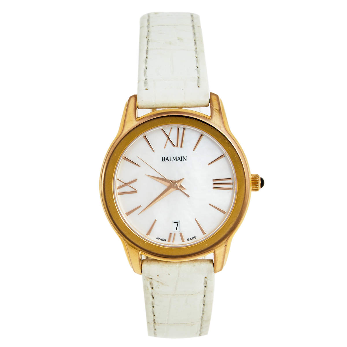 Pre Owned Balmain Mother of Pearl Rose Gold Plated Stainless Steel Leather 1899 Women's Wristwatch 34 mm