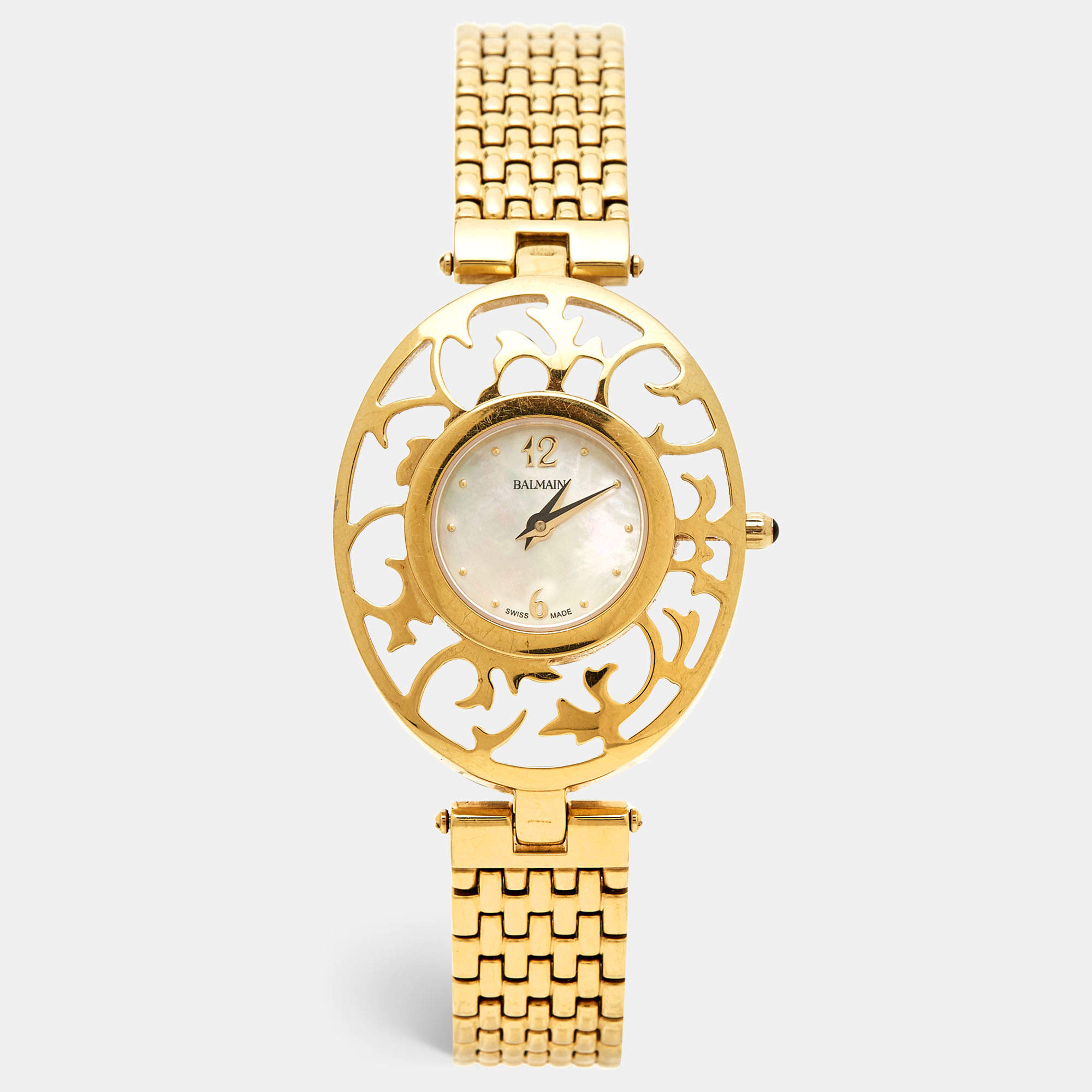 Balmain Mother of Pearl Yellow Gold Plated Stainless Steel Arabesques 3070 Women's Wristwatch 32 mm 