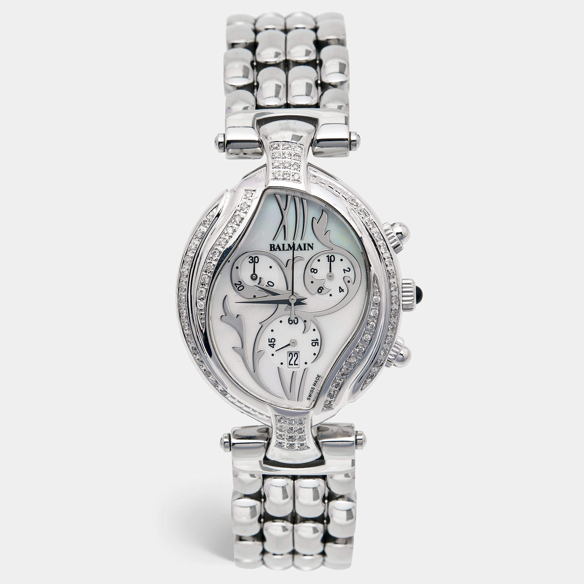 Pre Owned Balmain Mother Of Pearl Stainless Steel Diamond Excessive 5651 Women's Wristwatch 33 mm