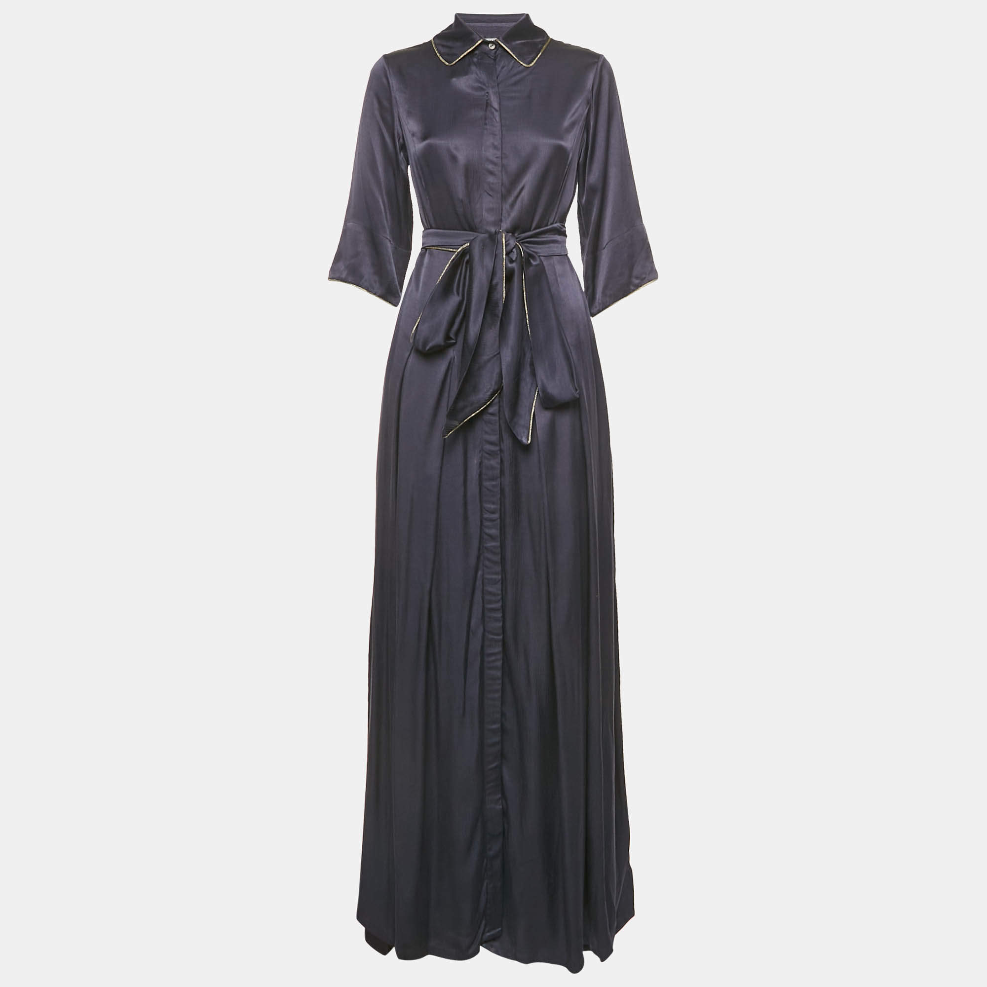 Pre Owned Baruni Navy Blue Button Front Belted Maxi Dress S