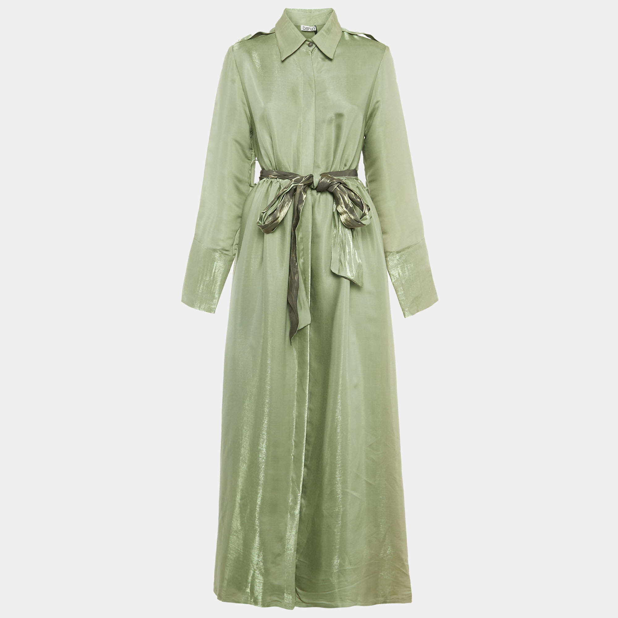 Pre Owned Baruni Green Crepe Shimmer Shirt Maxi Dress M
