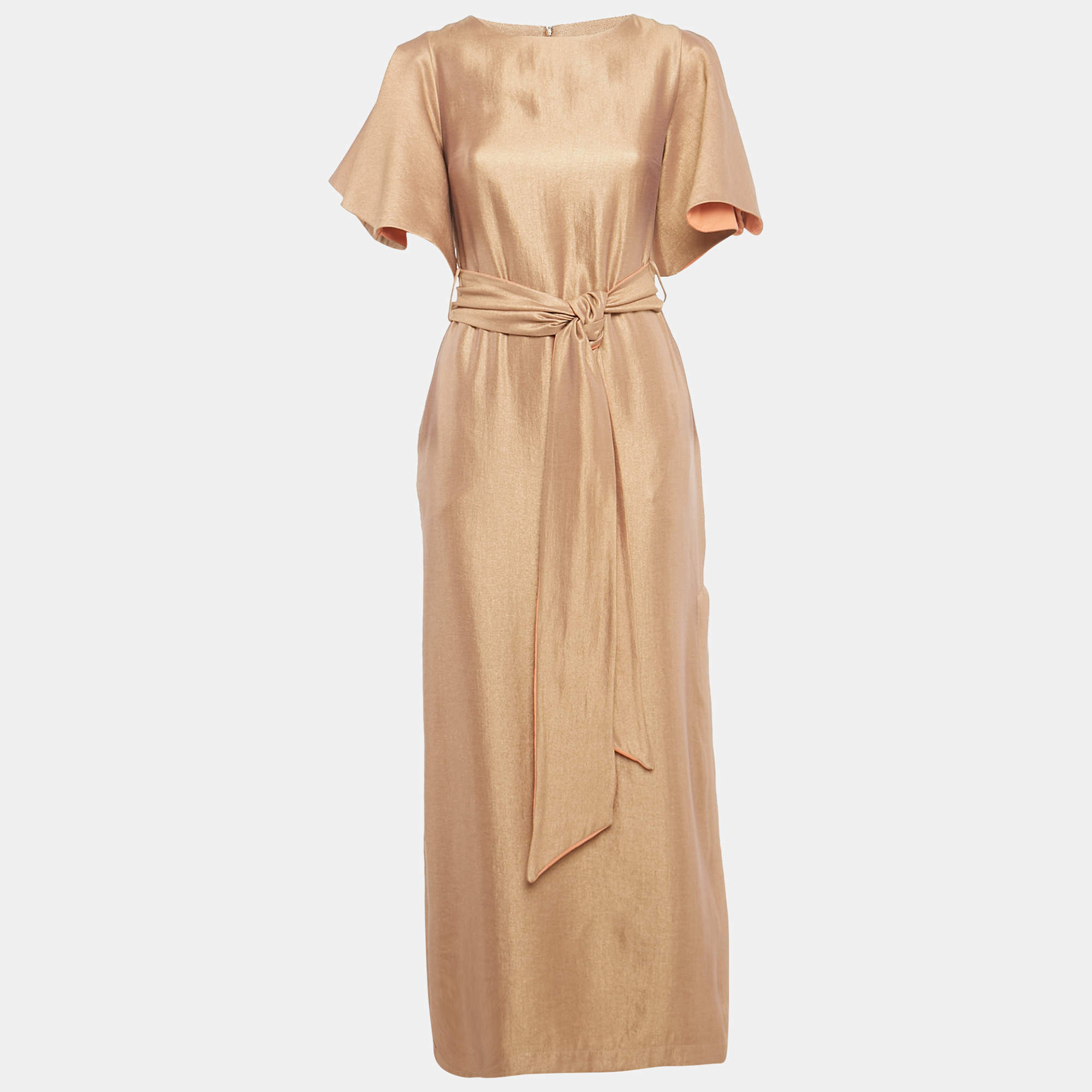 Pre Owned Baruni Metallic Gold Belted Maxi Dress XS