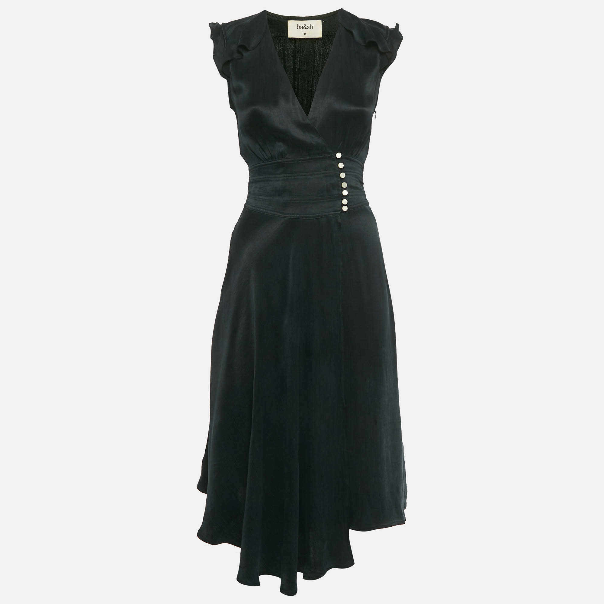 Pre Owned Ba&sh Black Satin Front Slit Midi Dress XS
