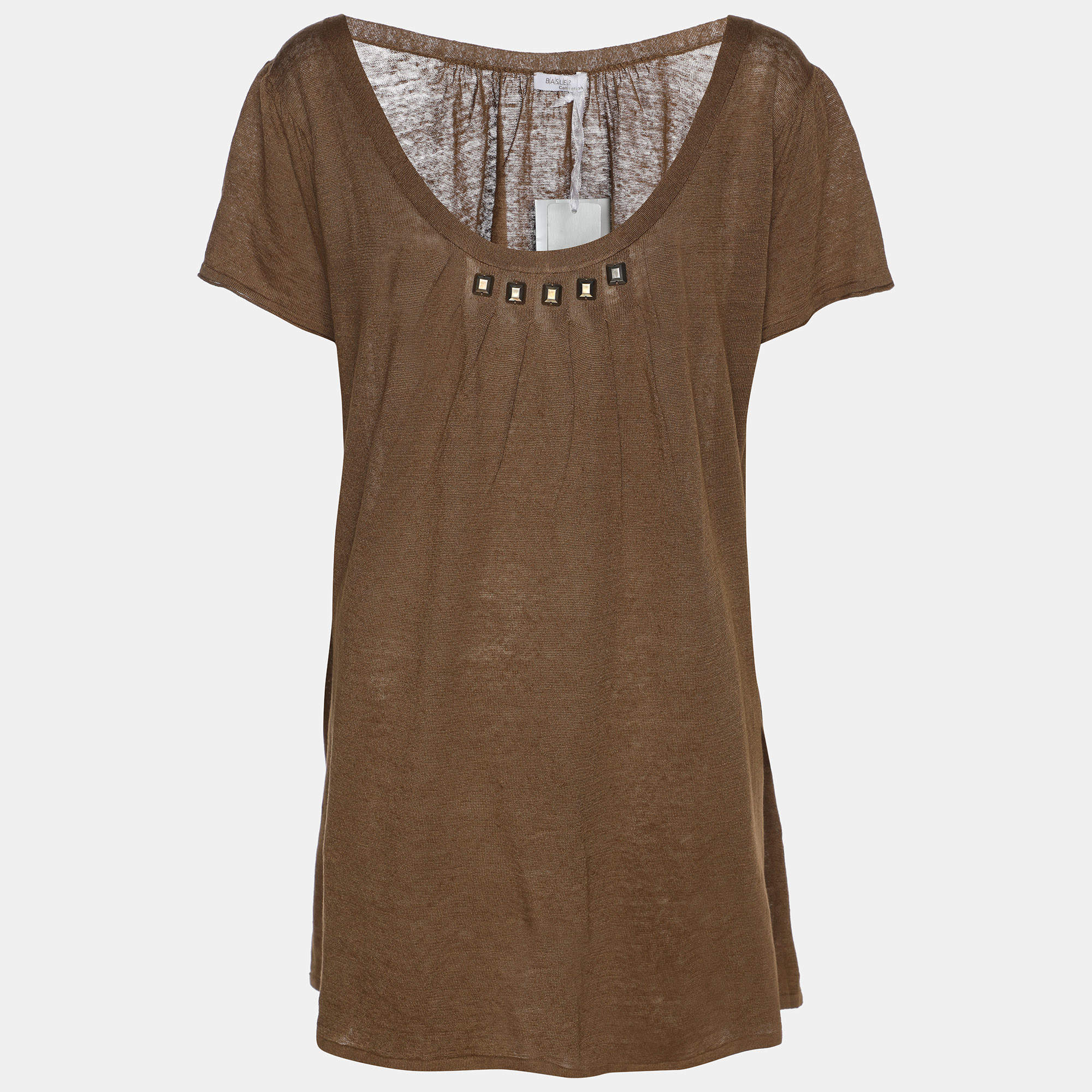 Pre Owned Basler Brown Stretch Knit Glam Rock Embellished Tops L