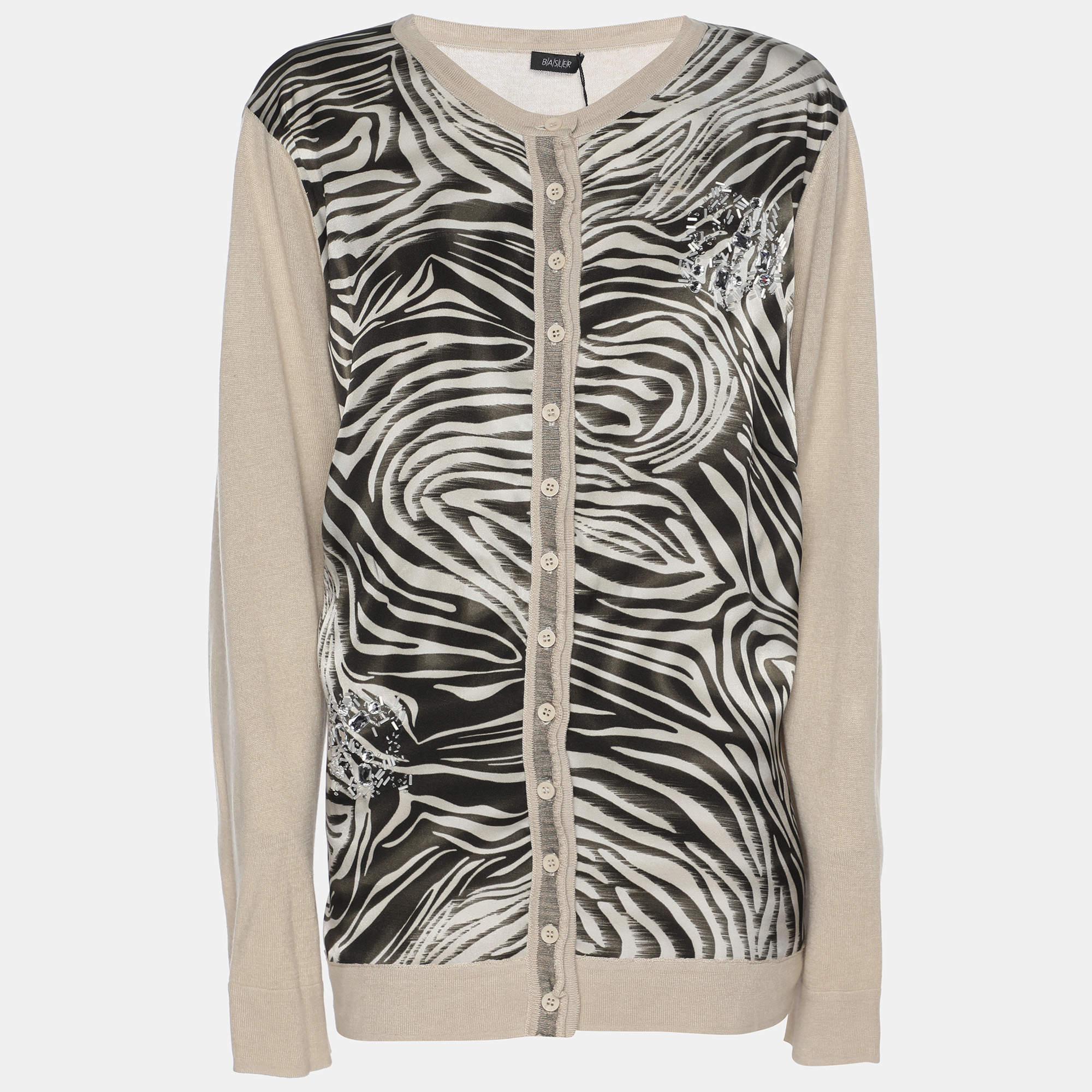 مملوكة مسبقًا Basler Multicolor Printed Satin Knit Crystal Embellished Sweater XL