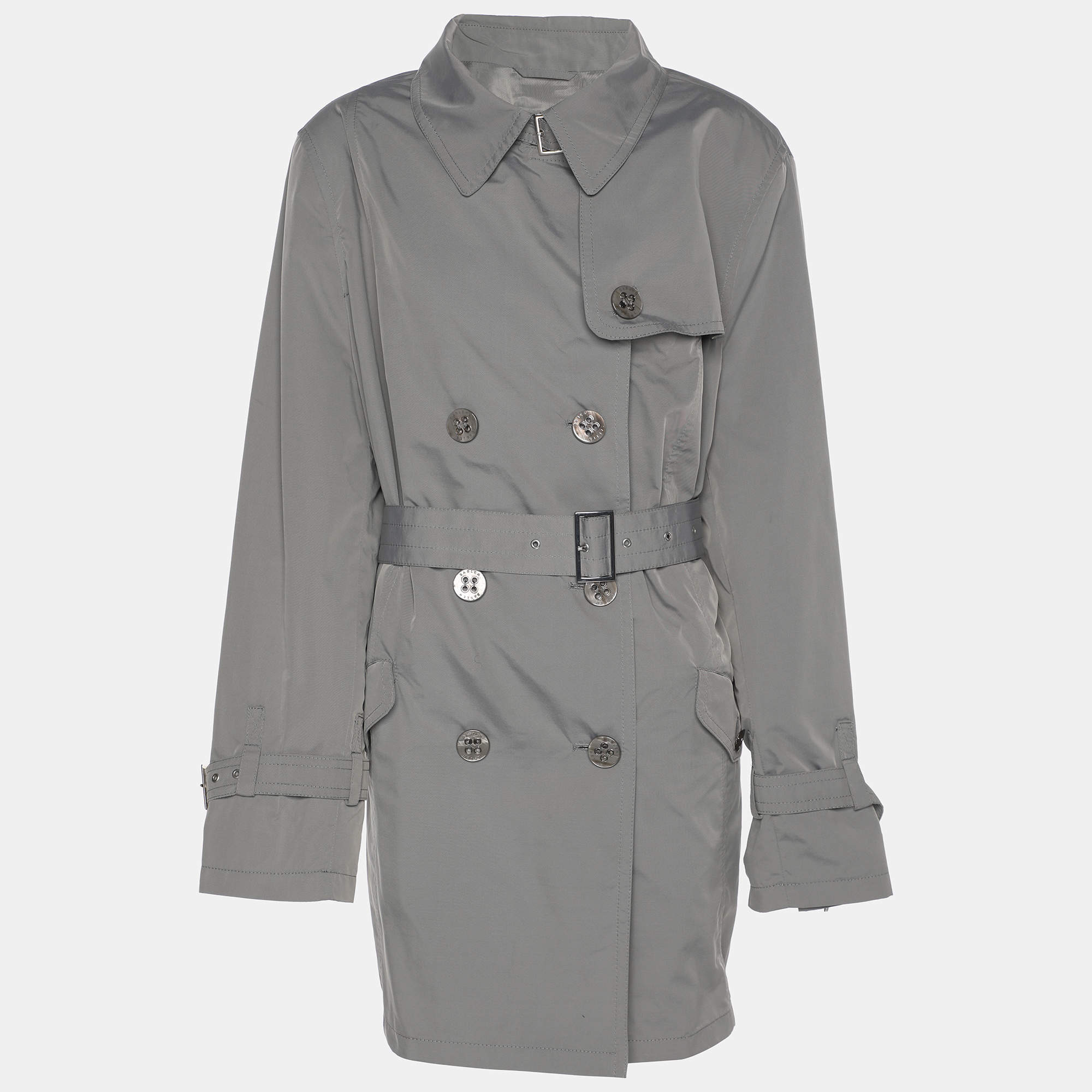 مملوكة مسبقًا معطف بسلر نايلون رمادي بحزام بصفين أزرار مقاس كبير جداً - إكس لارج