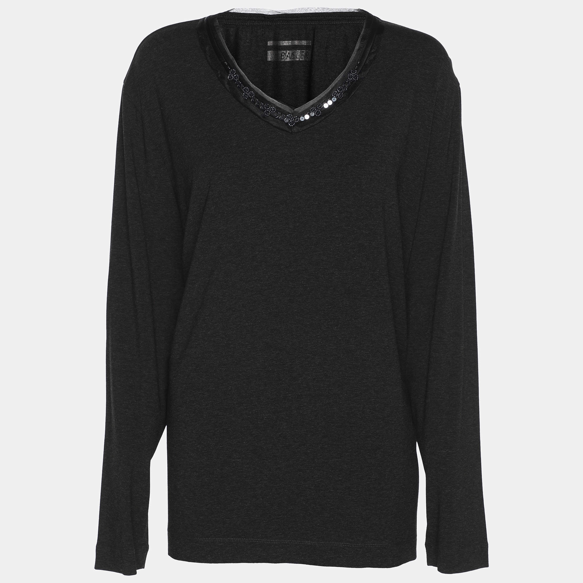 Pre Owned Basler Dark Grey Stretch Knit Ribbon Embellished V Neck Shirt XL