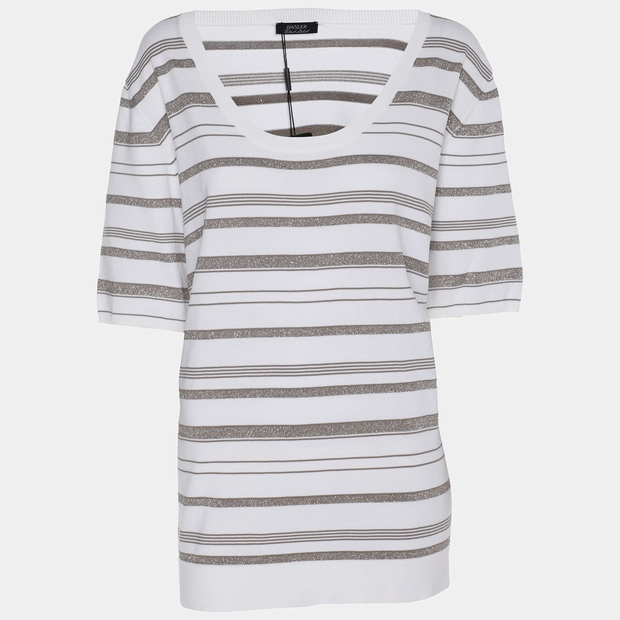 مملوكة مسبقًا تي شيرت بازيلر أبيض/رمادي محبوك بخيوط فضية مقاس كبير جدًا (إكسترا لارج)