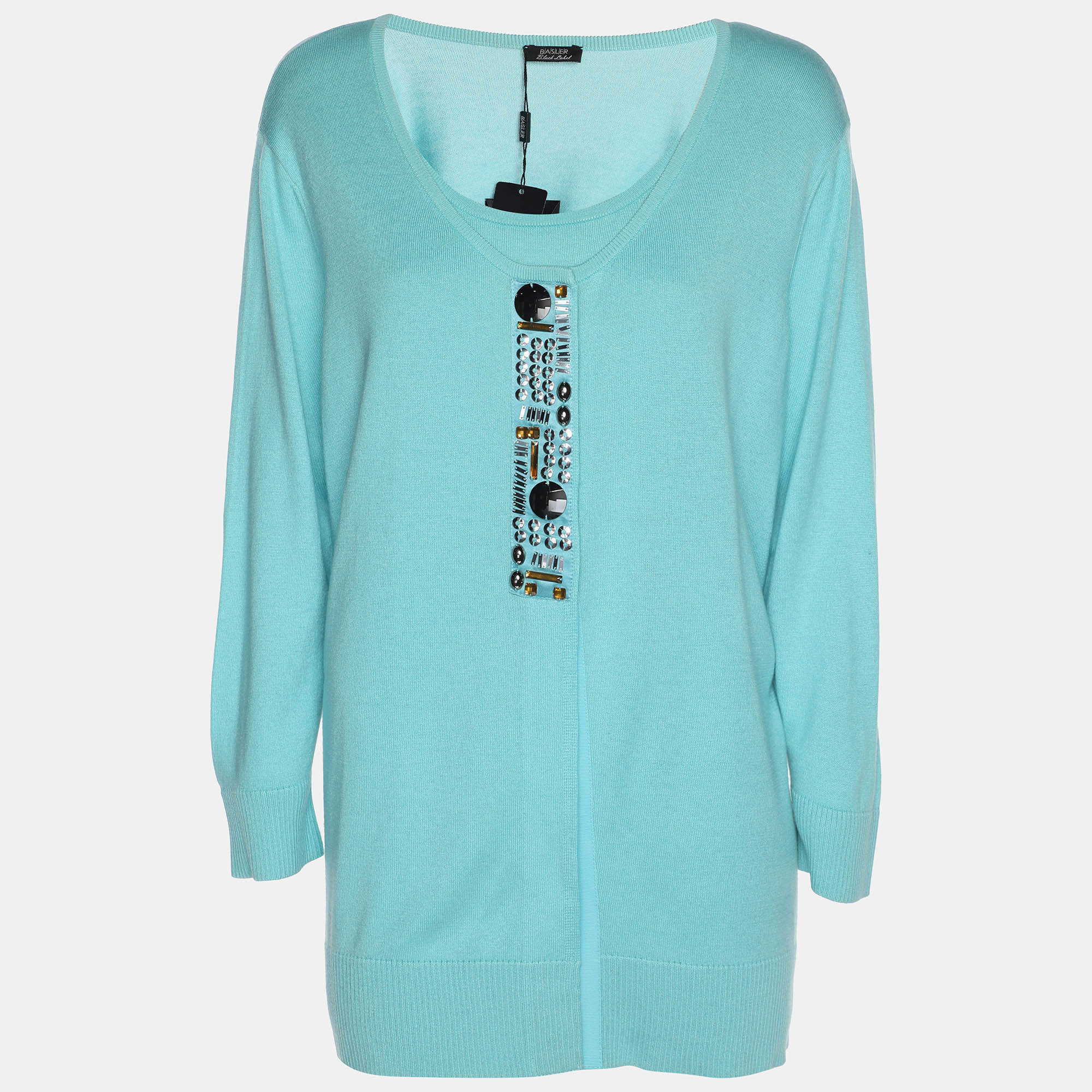 Pre Owned Basler Turquoise Stretch Knit Full Sleeve Shrug XL