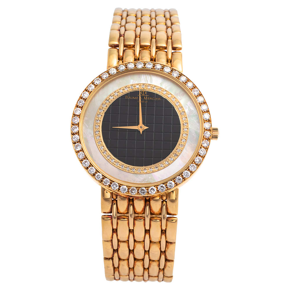 Pre Owned Baume & Mercier Mother Of Pearl 18k Yellow Gold Diamonds Classic 15156 988 Men's Wristwatch 32 mm