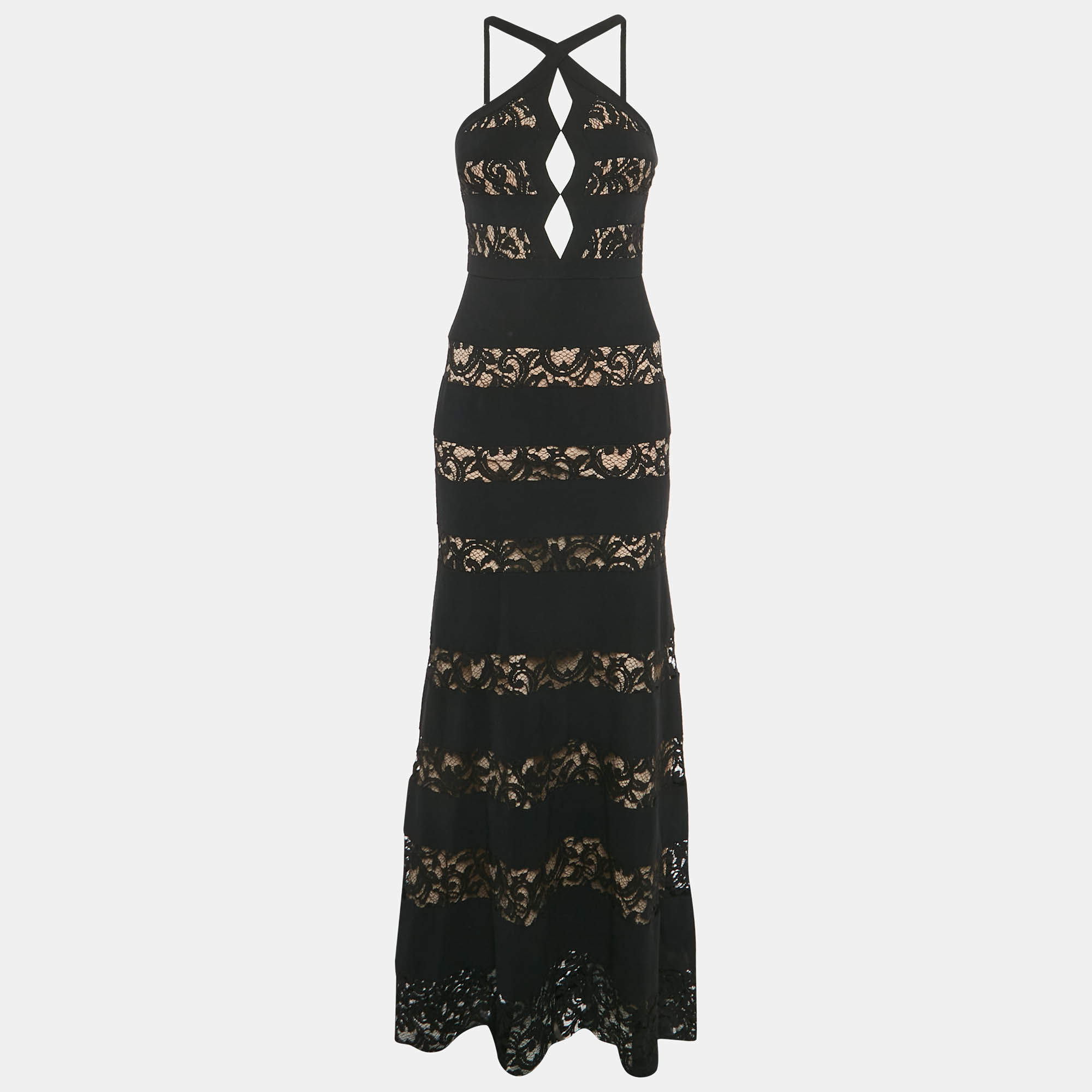 Pre Owned BCBGMAXAZRIA Black Cotton Blend Lace Detail Cut Out Katrina Gown XS