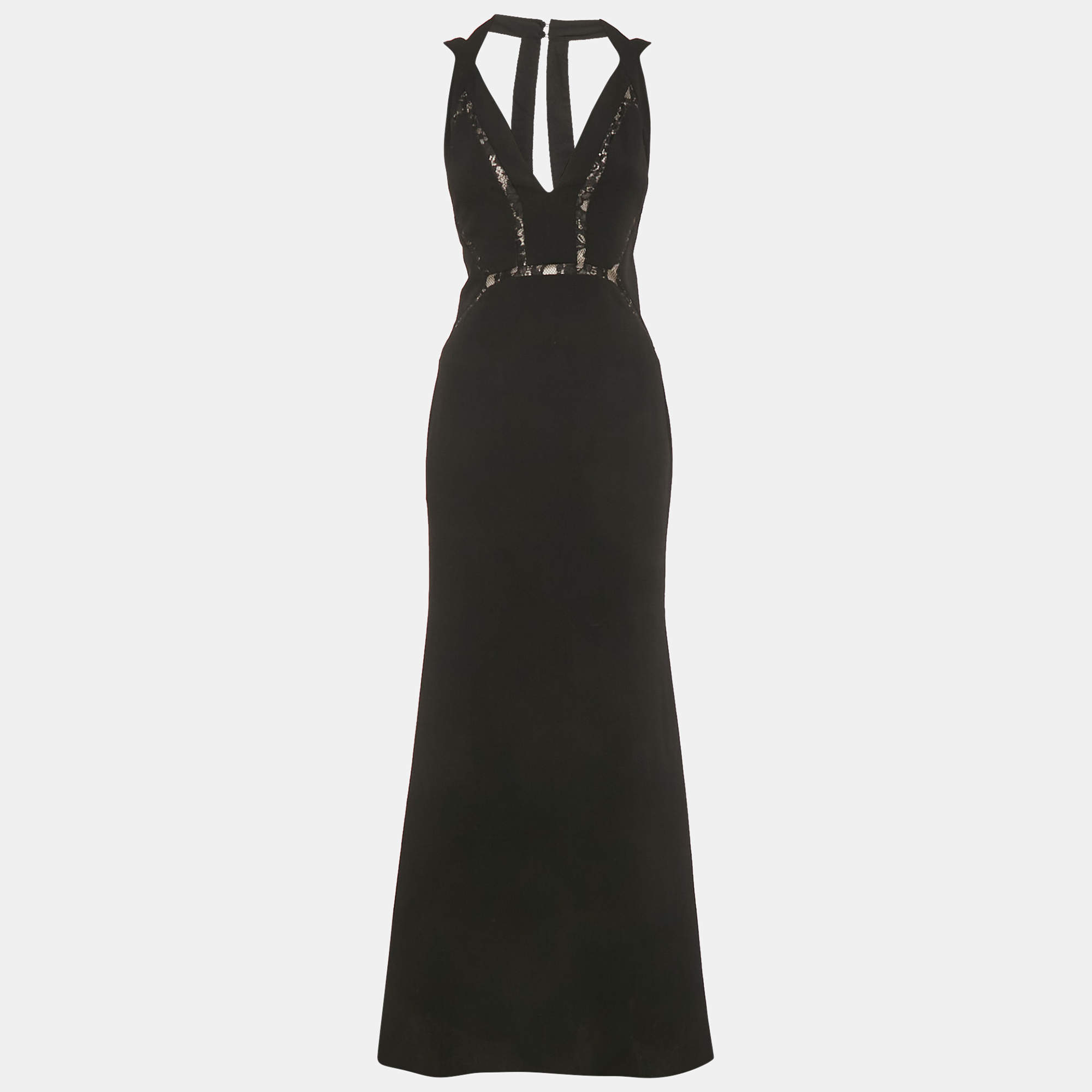 Pre Owned BCBCMaxAzria Black Crepe Lace Detail Penelopey Maxi Dress XS 