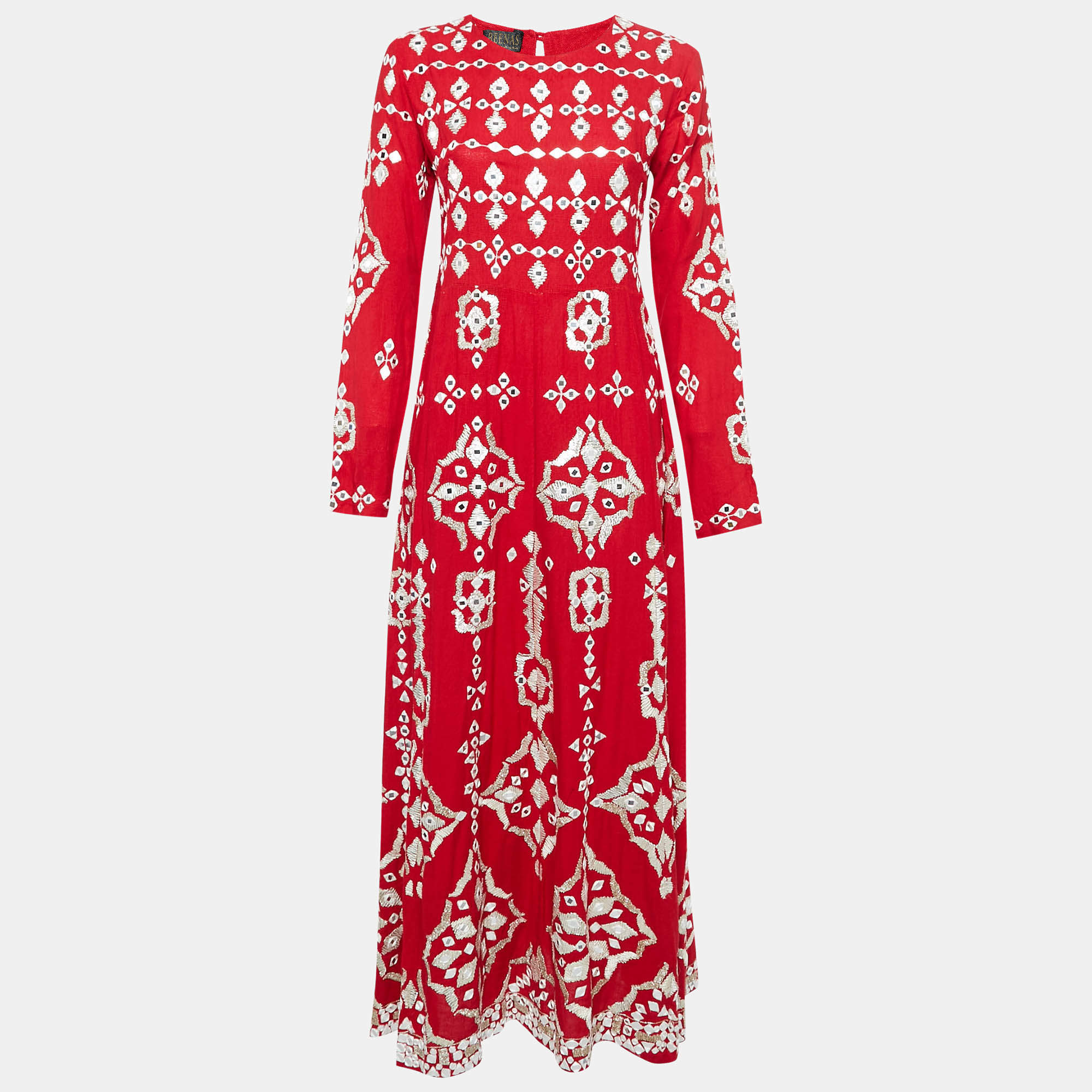 Beenas Mirror Work Embroidered Cotton Blend Maxi Dress M