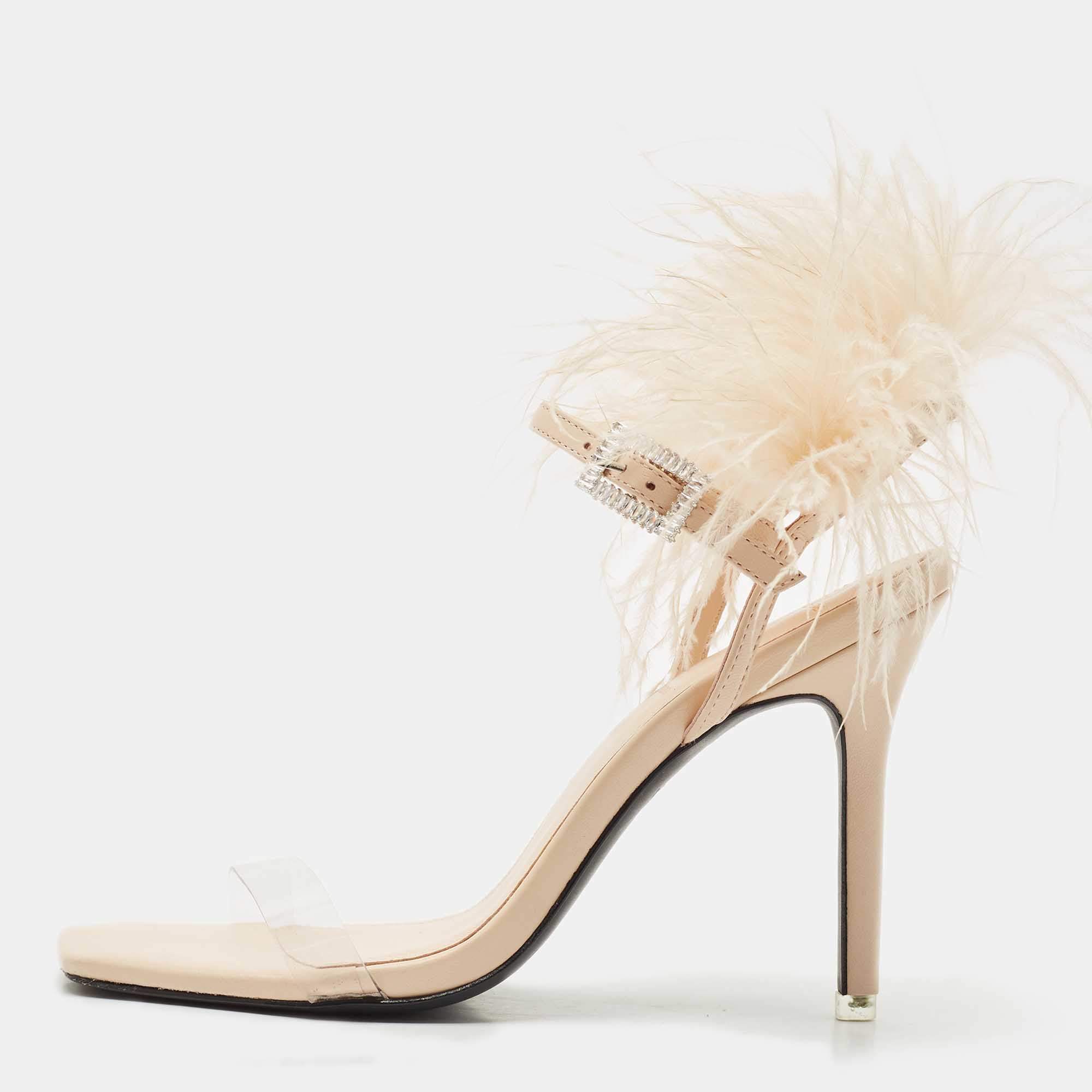Black Suede Studio X Caroline Stanbury Beige Feather and Leather Slide Sandals Size 38
