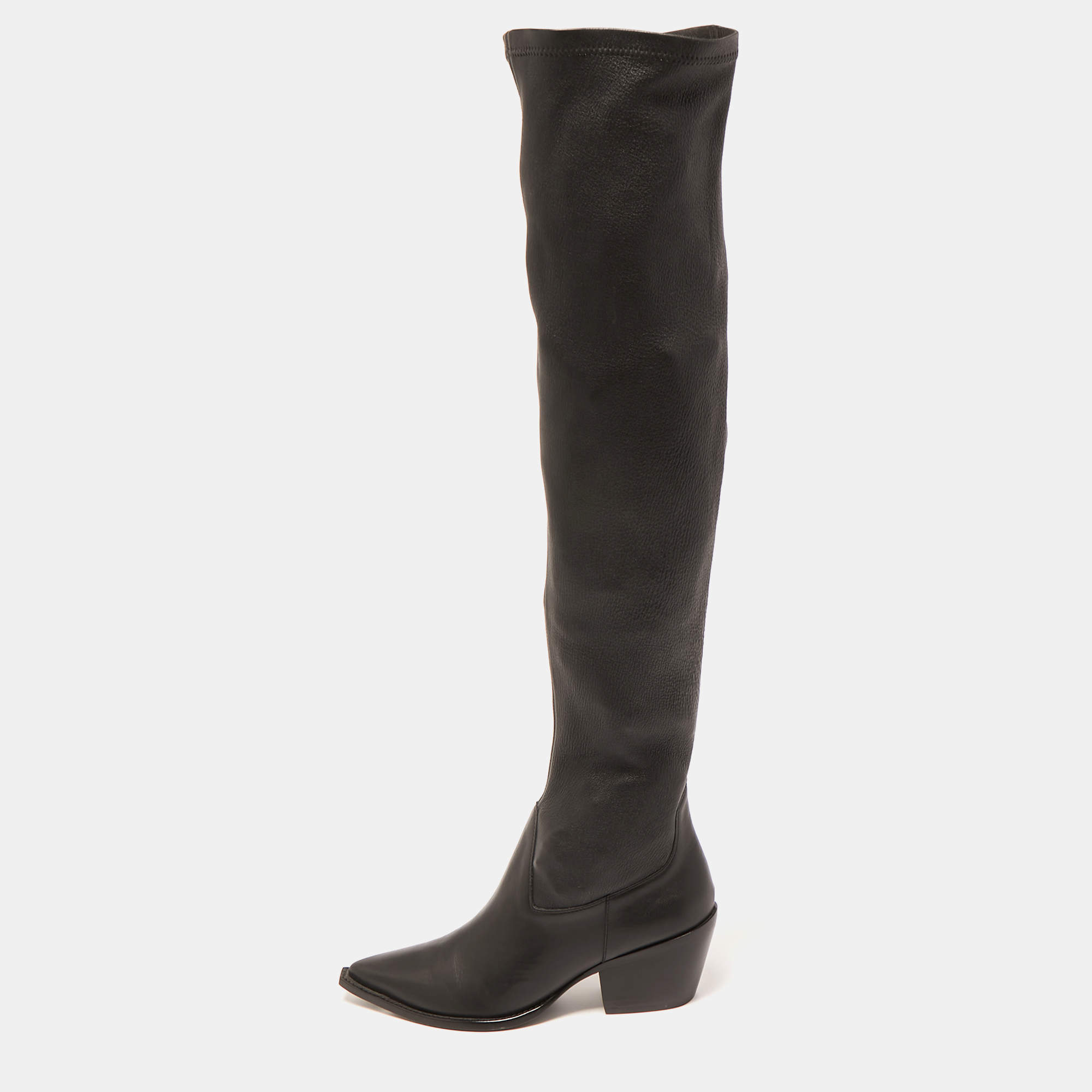 Pre Owned Black Suede Studio x Caroline Stanbury Black Leather Knee Length Boots Size 38
