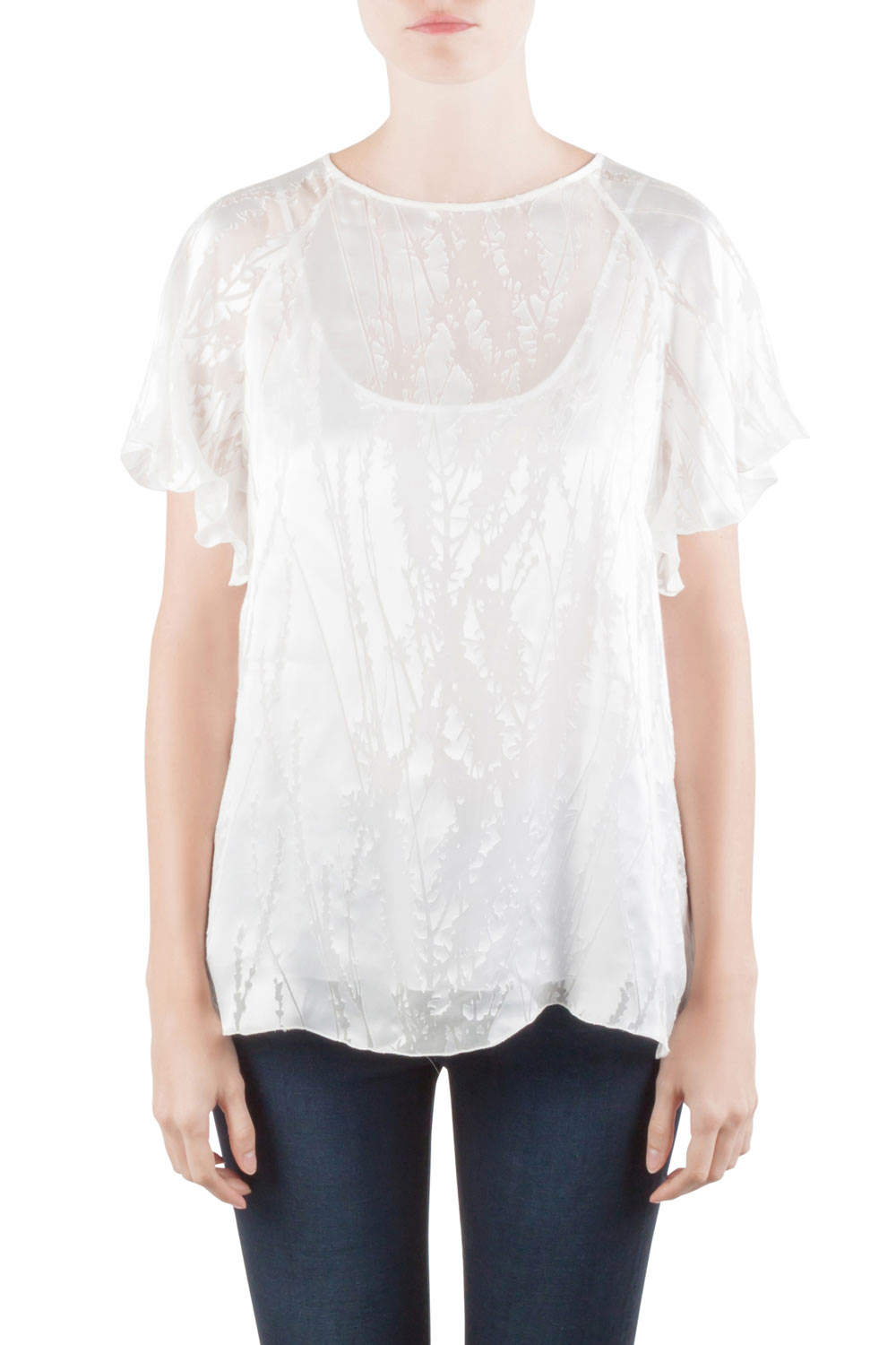 Blumarine White Silk Blend Raglan Sleeve Burnout Blouse M