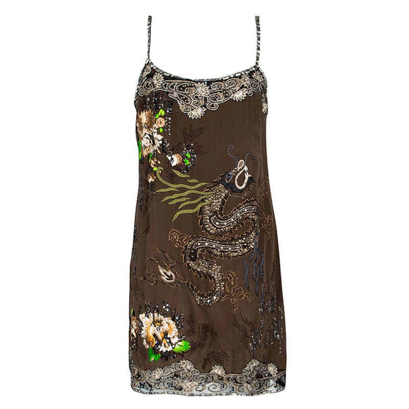 Pre Owned تونيك بلوم�ارين دراغون حرير بني مطرز مزخرف بلا أكمام M