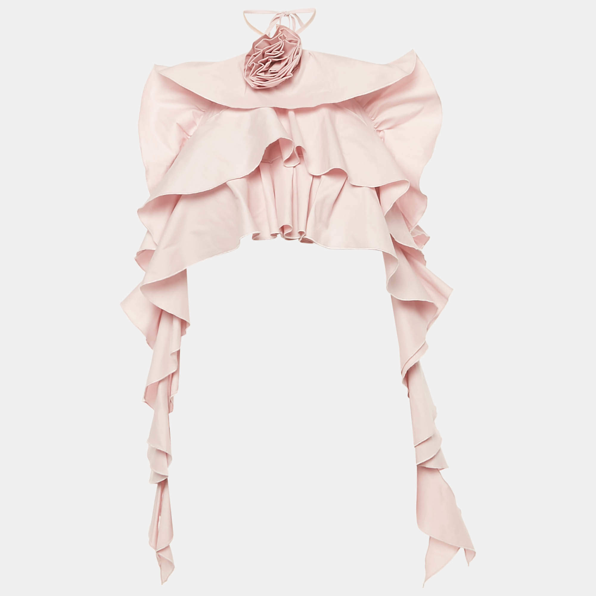 Pre Owned Blumarine Pink Cotton Halter Neck Ruffled Rose Detail Crop Top L 