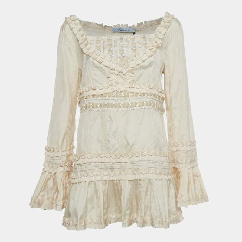 Pre Owned Blumarine Cream Embellished Silk Ruffle Detail Blouse L