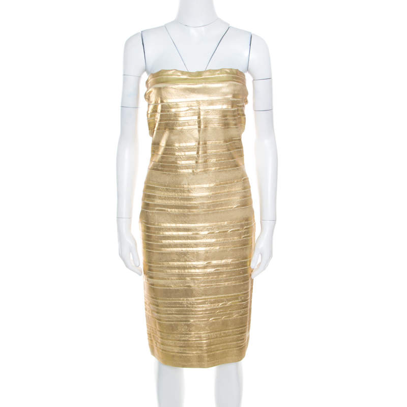 Blumarine Metallic Gold Foil Printed Textured Strapless Bodycon Dress M