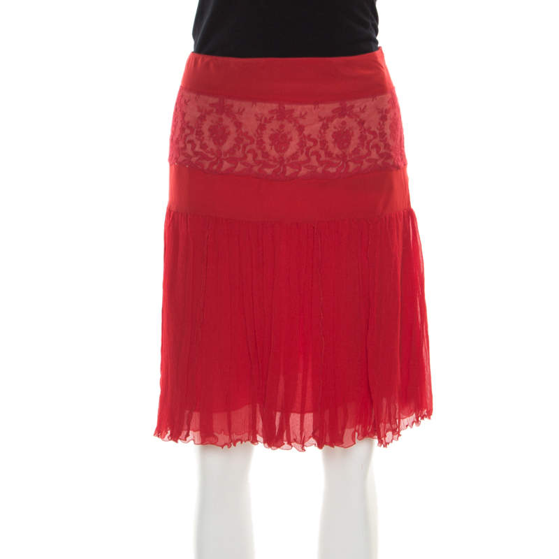 Blumarine Red Floral Lace Insert Crinkled Silk Skirt S