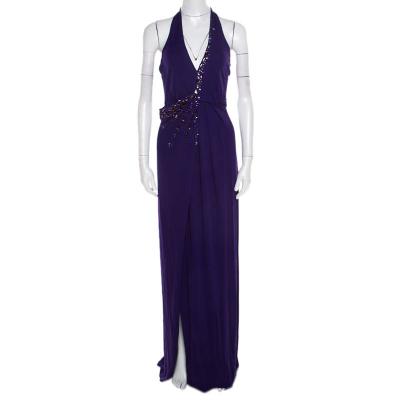 Blumarine Purple Embellished Draped Halter Gown S