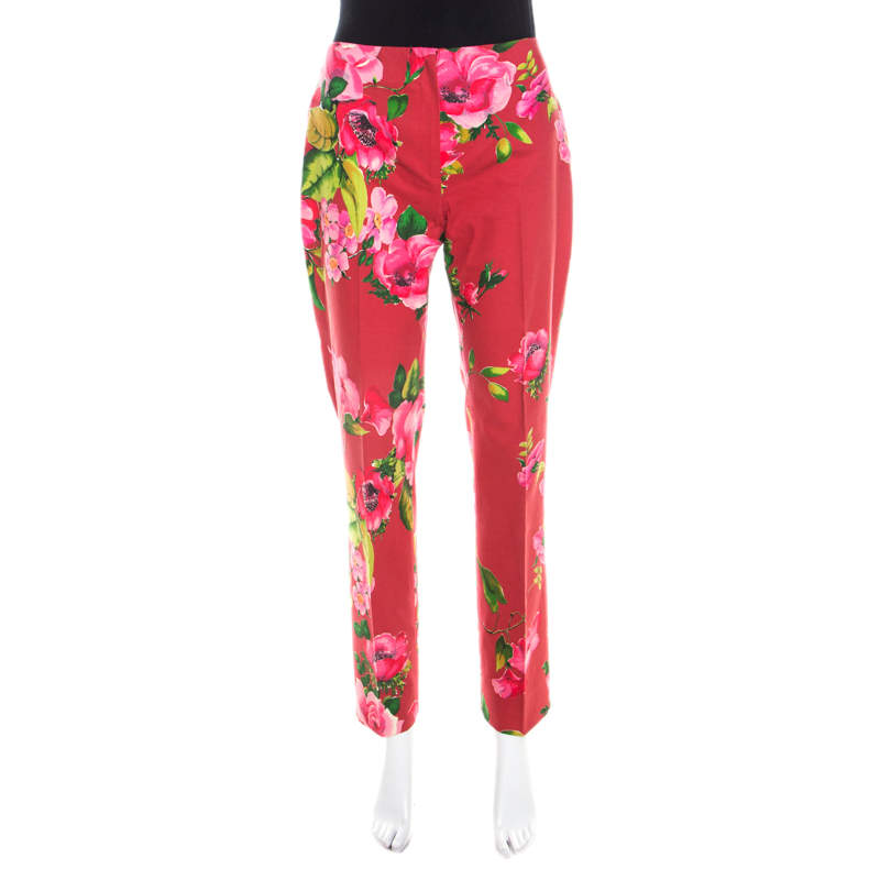 Blumarine Red Floral Print Cotton Straight Fit Trousers M