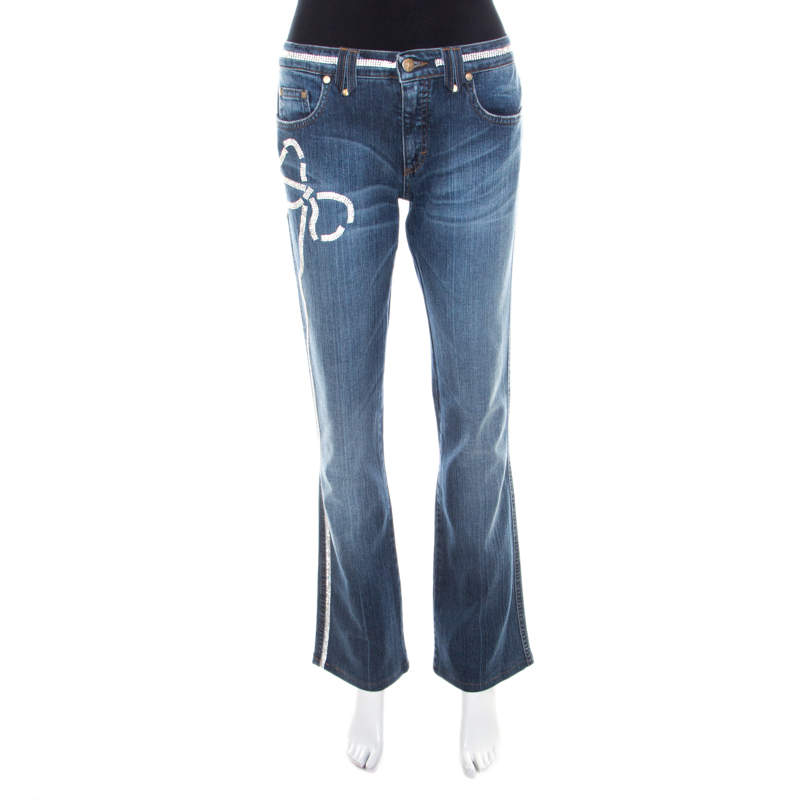 Blumarine Indigo Faded Effect Denim Crystal Bow Embellished Straight Fit Jeans M