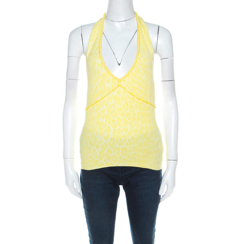 Blumarine Yellow Animal Patterned Jacquard Bead Embellished Backless Halter Top M