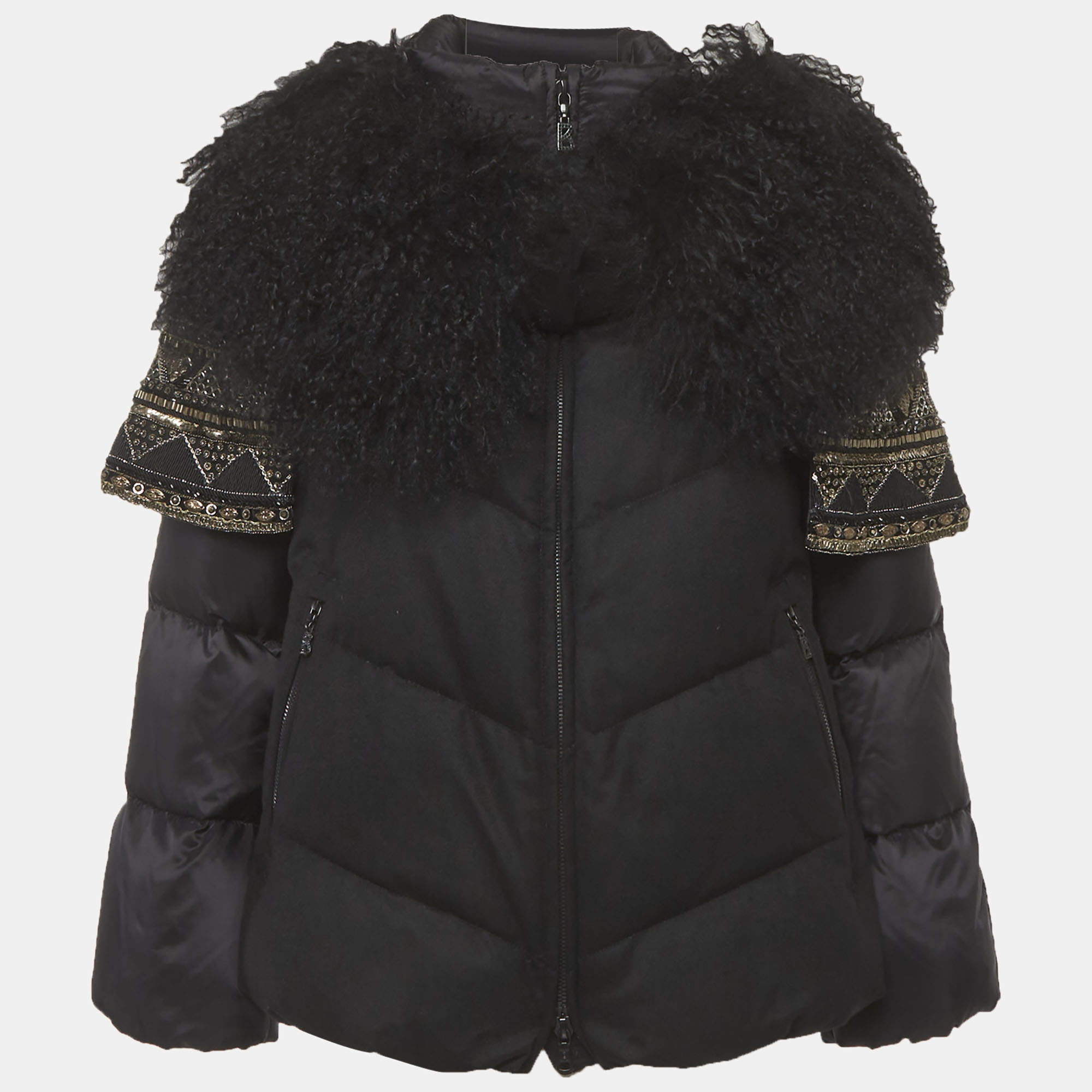 مملوكة مسبقًا Sonia Bogner Black Wool Fur Trim Zip-Up Puffer Jacket S
