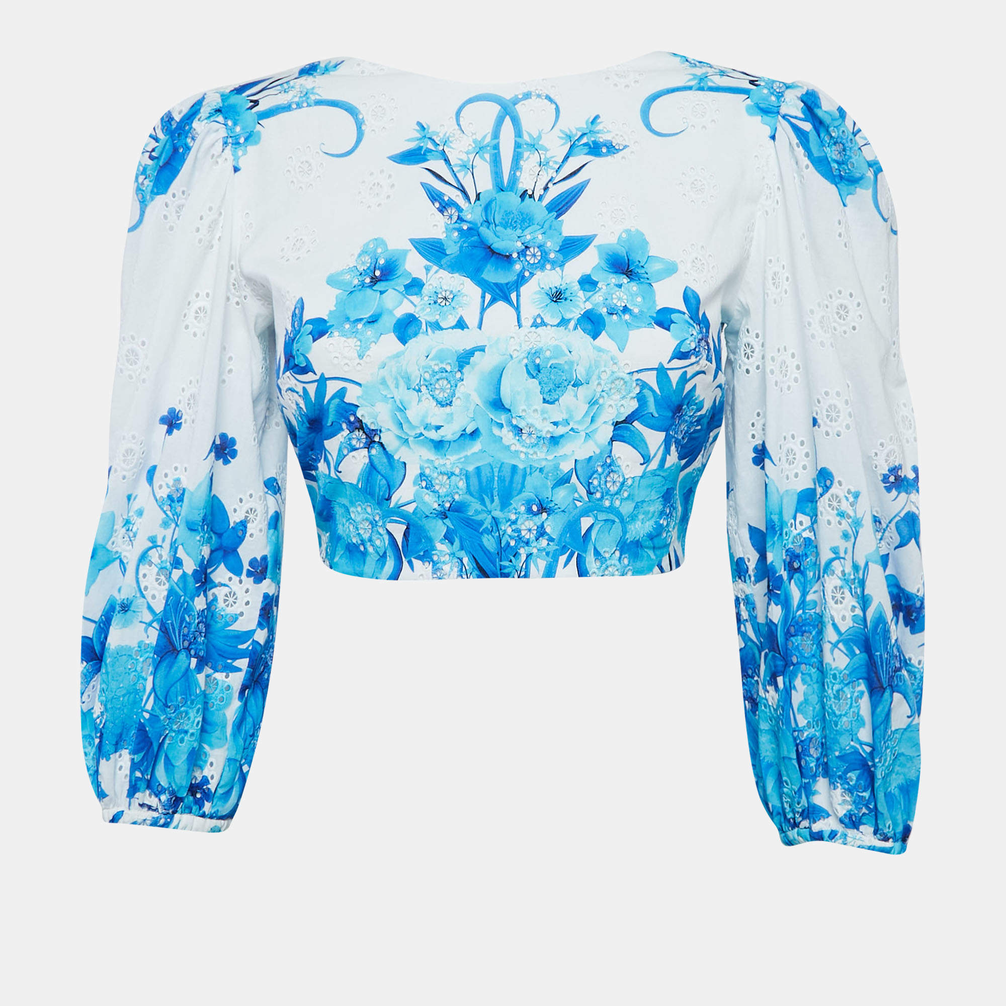 مملوكة مسبقًا Borgo De Nor Blue Floral Print Broderie Anglaise Cotton Rhea Crop Top S