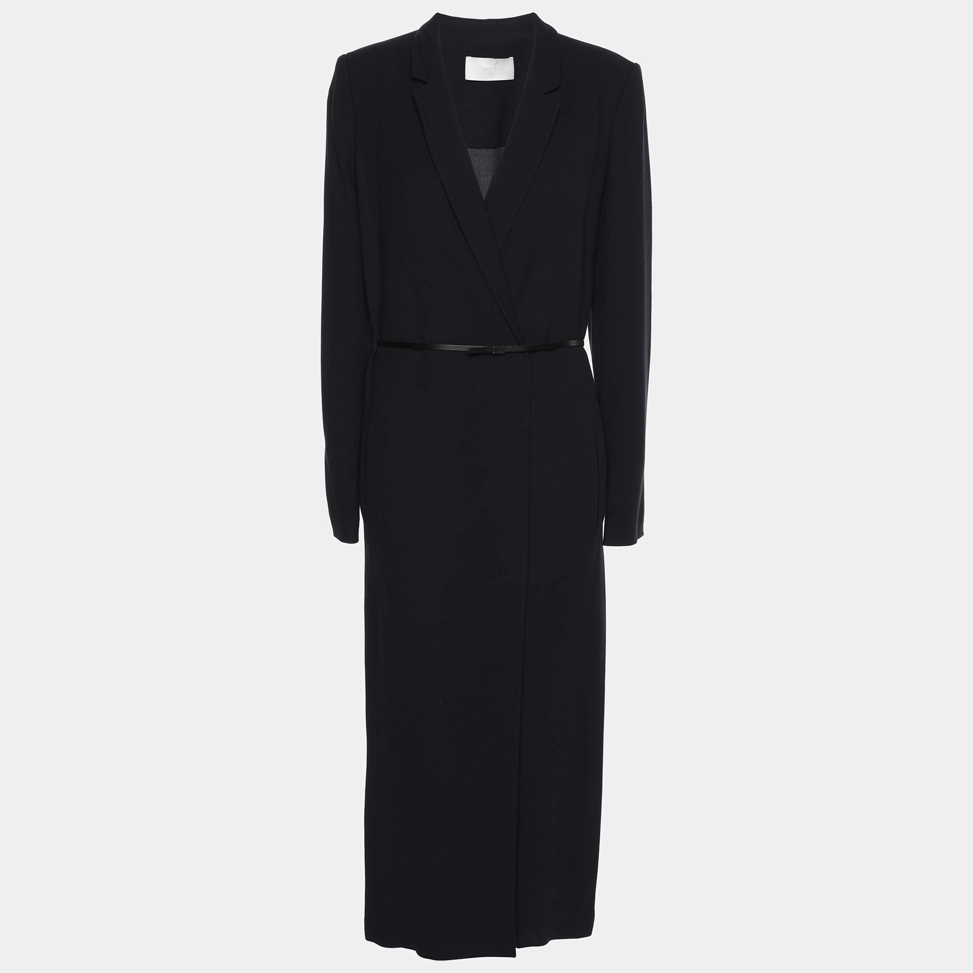 Pre Owned Boss by Hugo Boss Navy Blue Wool Blend Button Front Belted Long Coat S