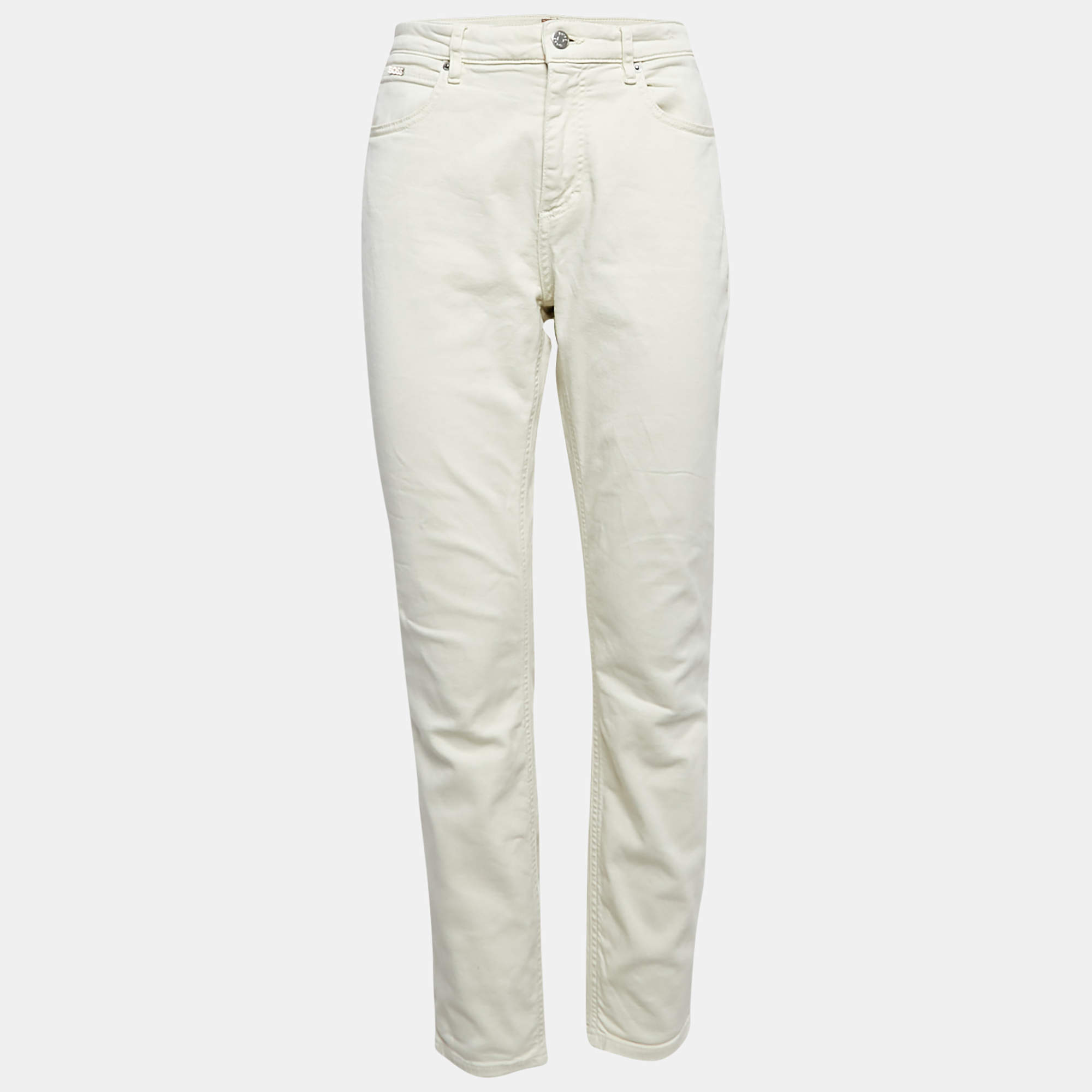 Pre Owned بنطلون جينز بوس باي هوغو بوس بقصة ضيقة دنيم أبيض خصر 30 بوصة مقاس متوسط قصير حتى الكاحل جاكي