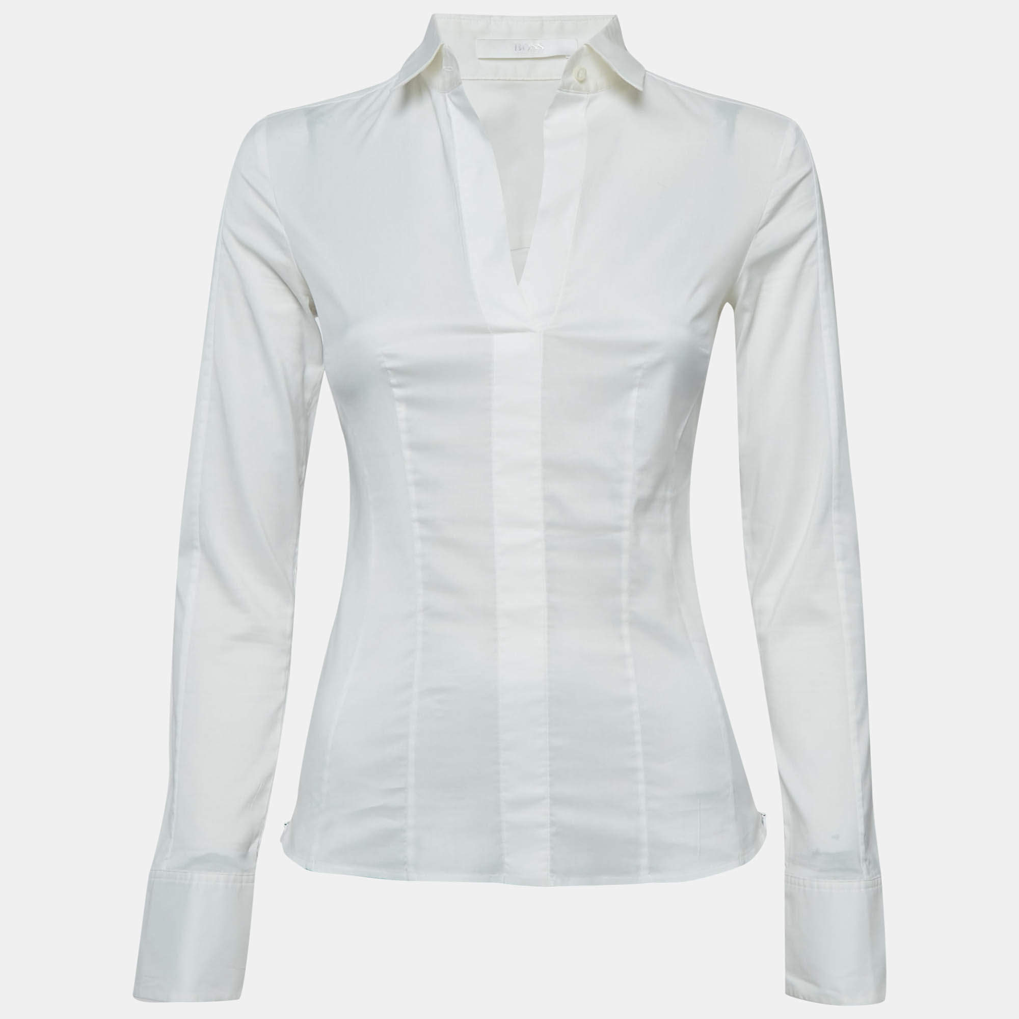 مملوكة مسبقًا Boss By Hugo Boss White Cotton Blend Fitted Shirt XS