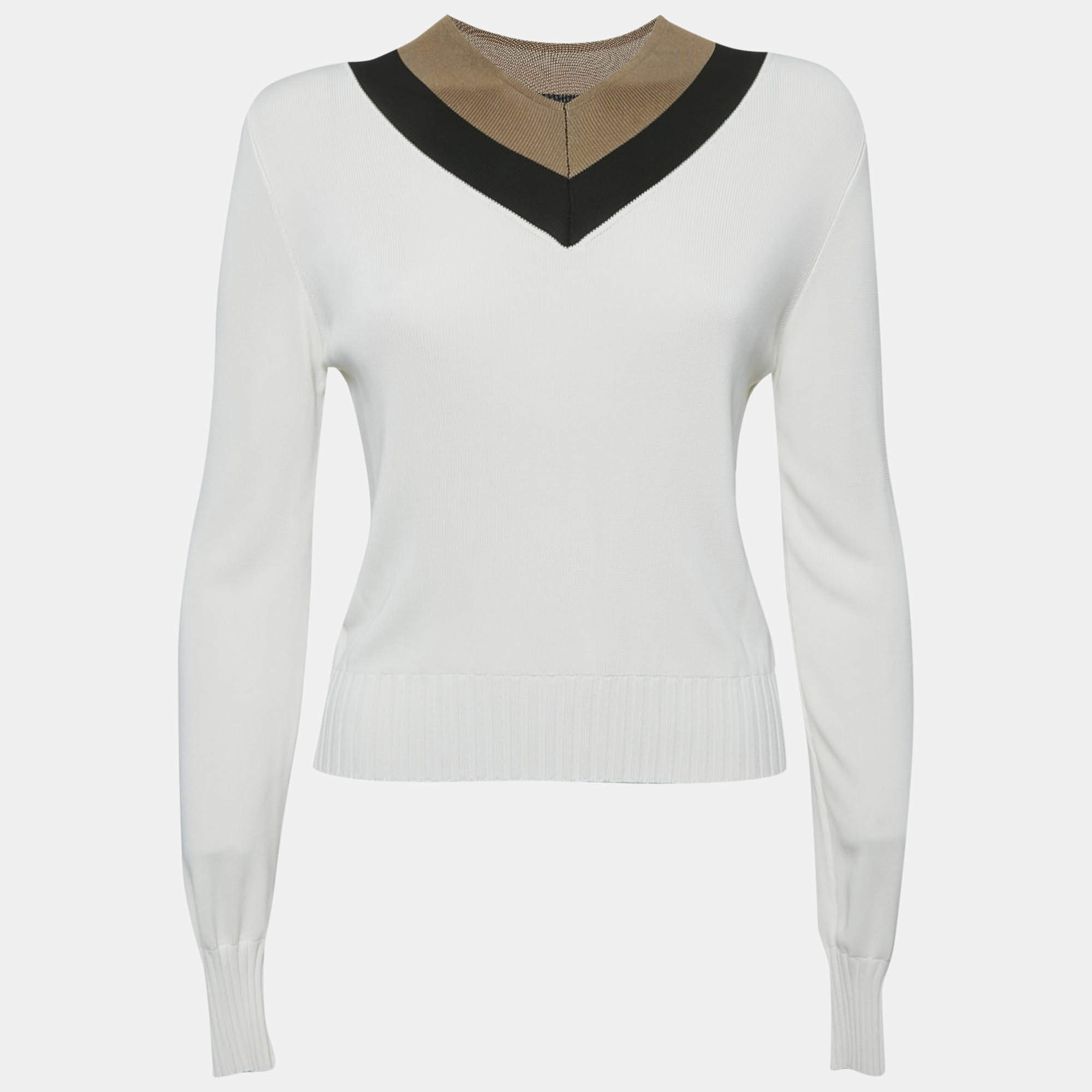 Boss By Hugo Boss White Rib Knit V-Neck Fafena Sweater M