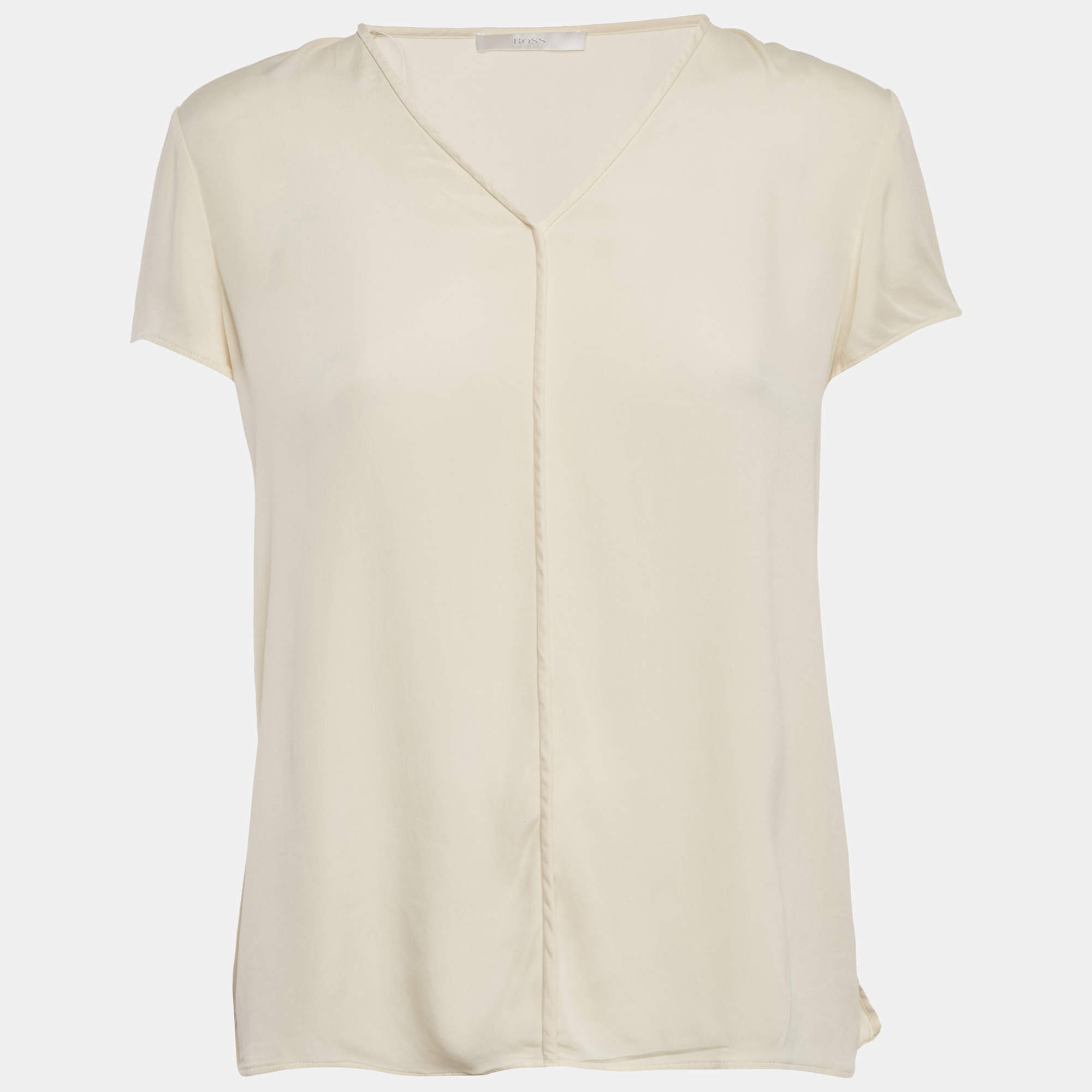 Pre Owned Boss By Hugo Boss Off-White Crepe V-Neck Top S