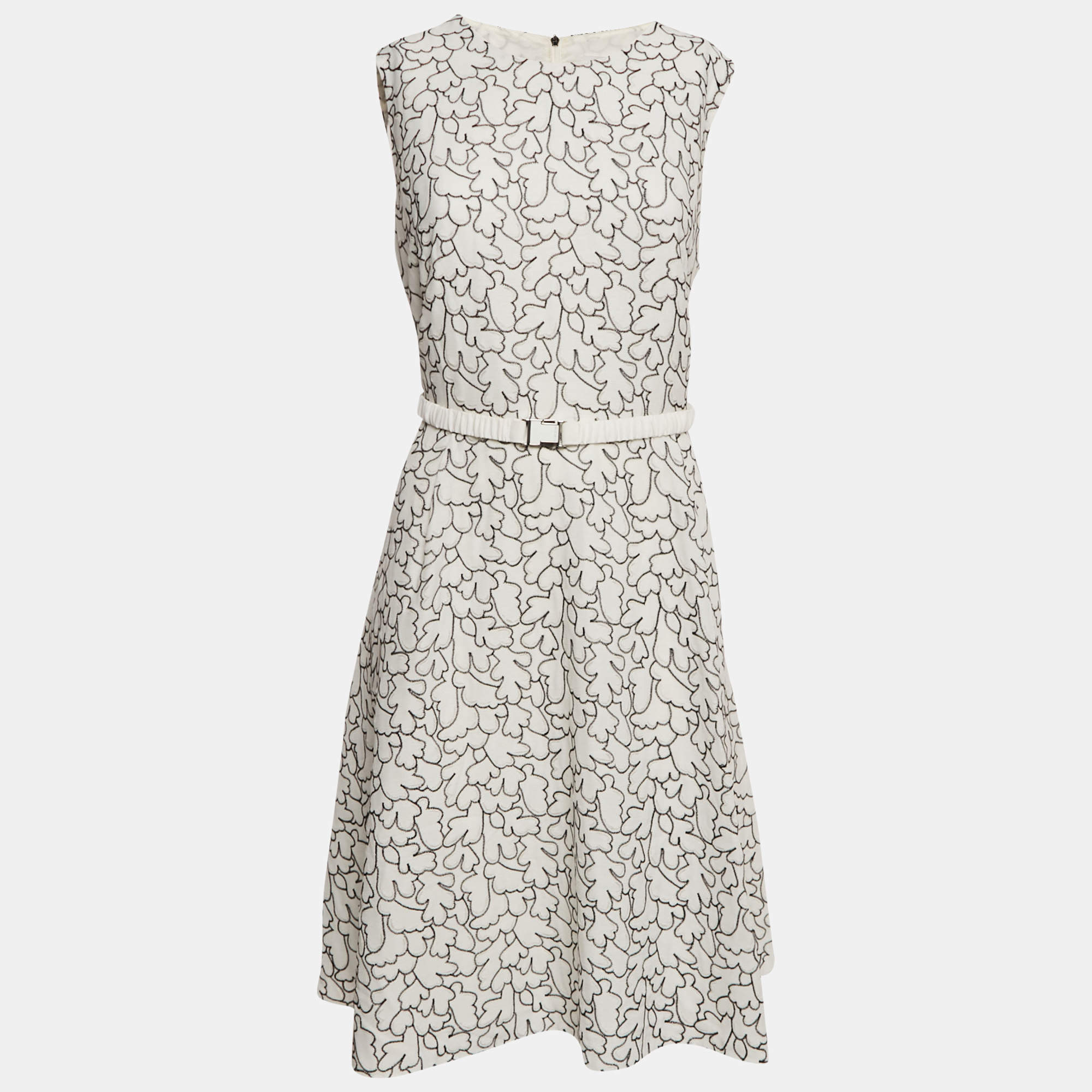 مملوكة مسبقًا فستان بطول الركبة بلا أكمام مطرز أبيض مع حزام هوجو بوس كريب كبير