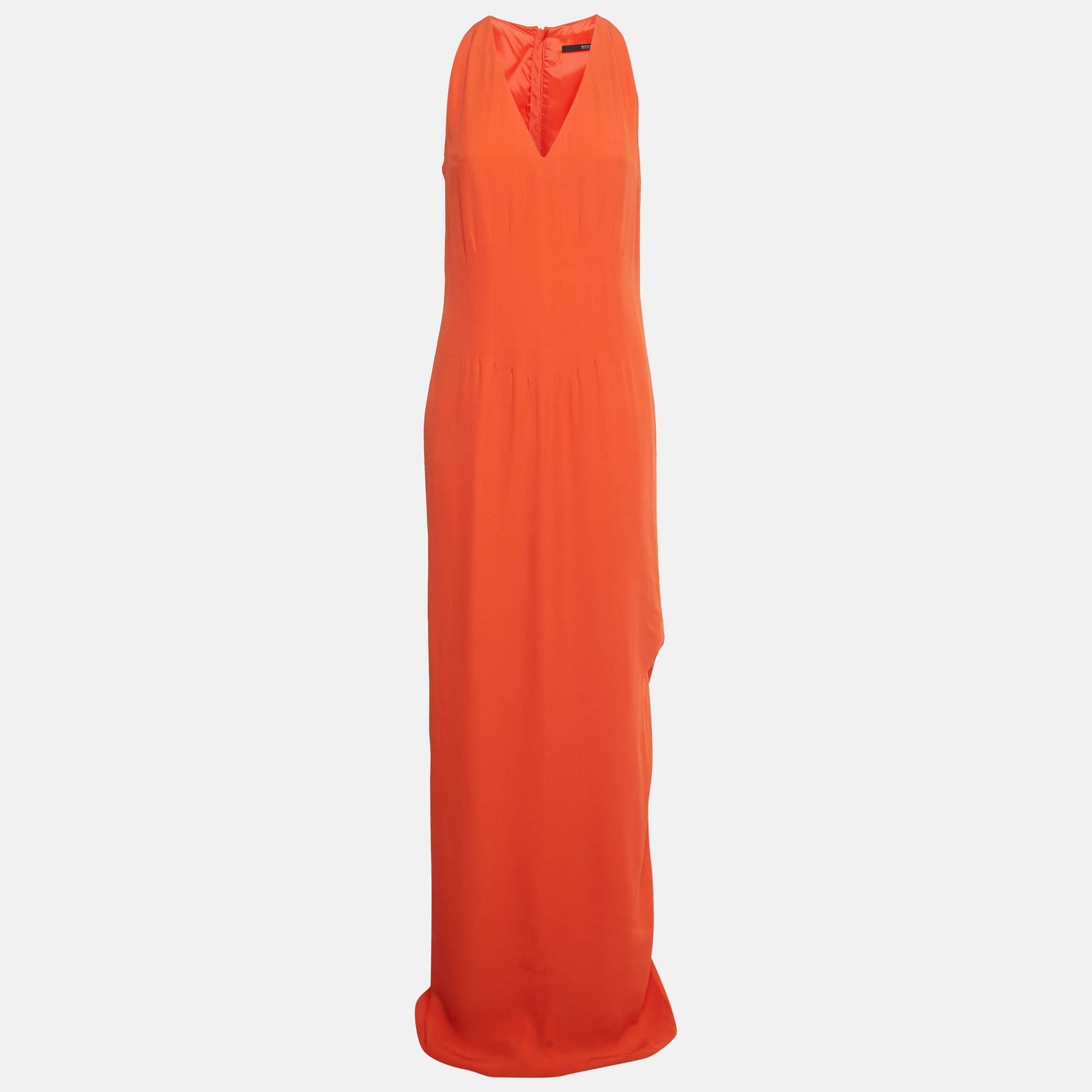 Pre Owned Boss By Hugo Boss Scarlet Red Crepe Side Slit Maxi Dress M