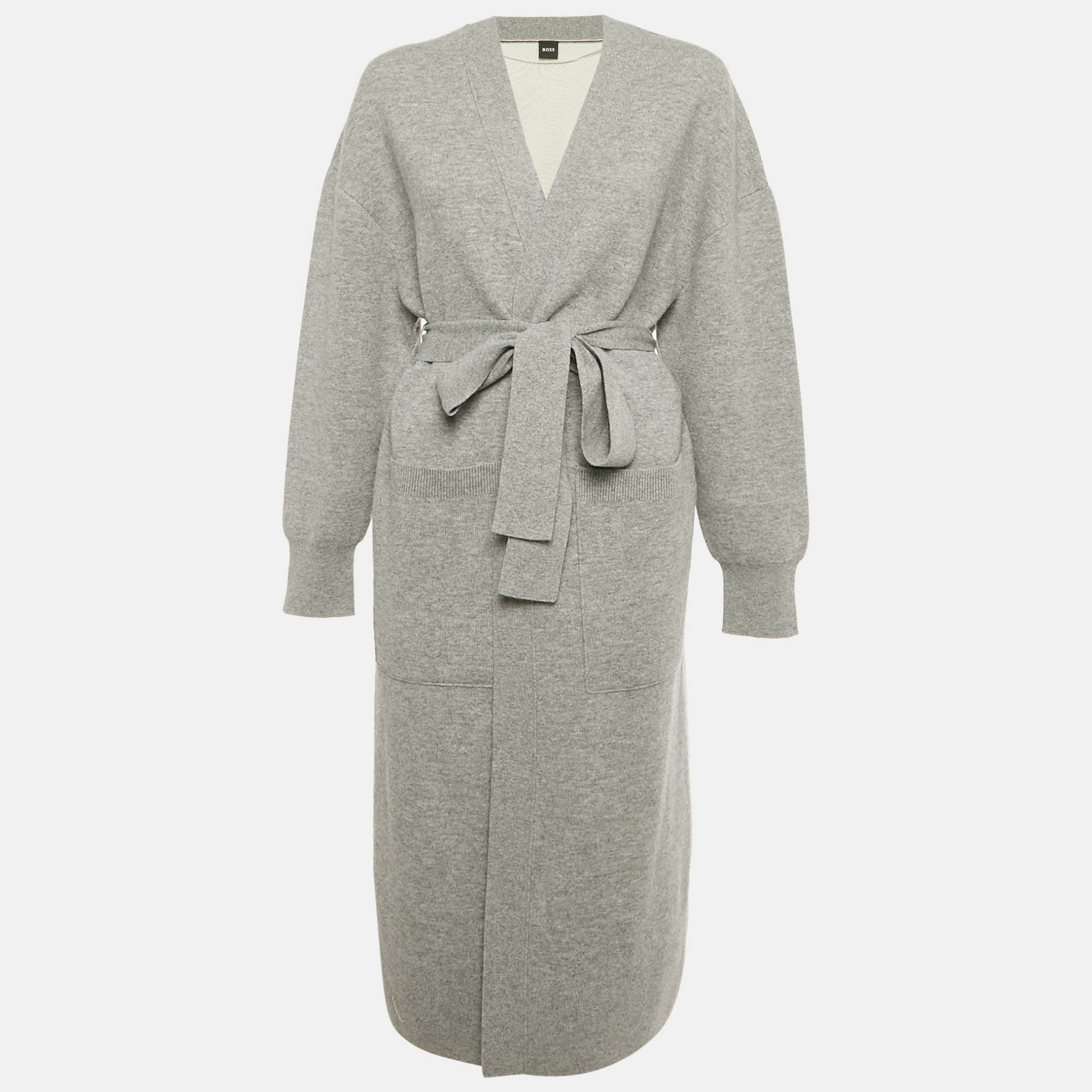 Pre Owned Boss By Hugo Boss Grey Wool Knit Belted Febrana Cardigan L