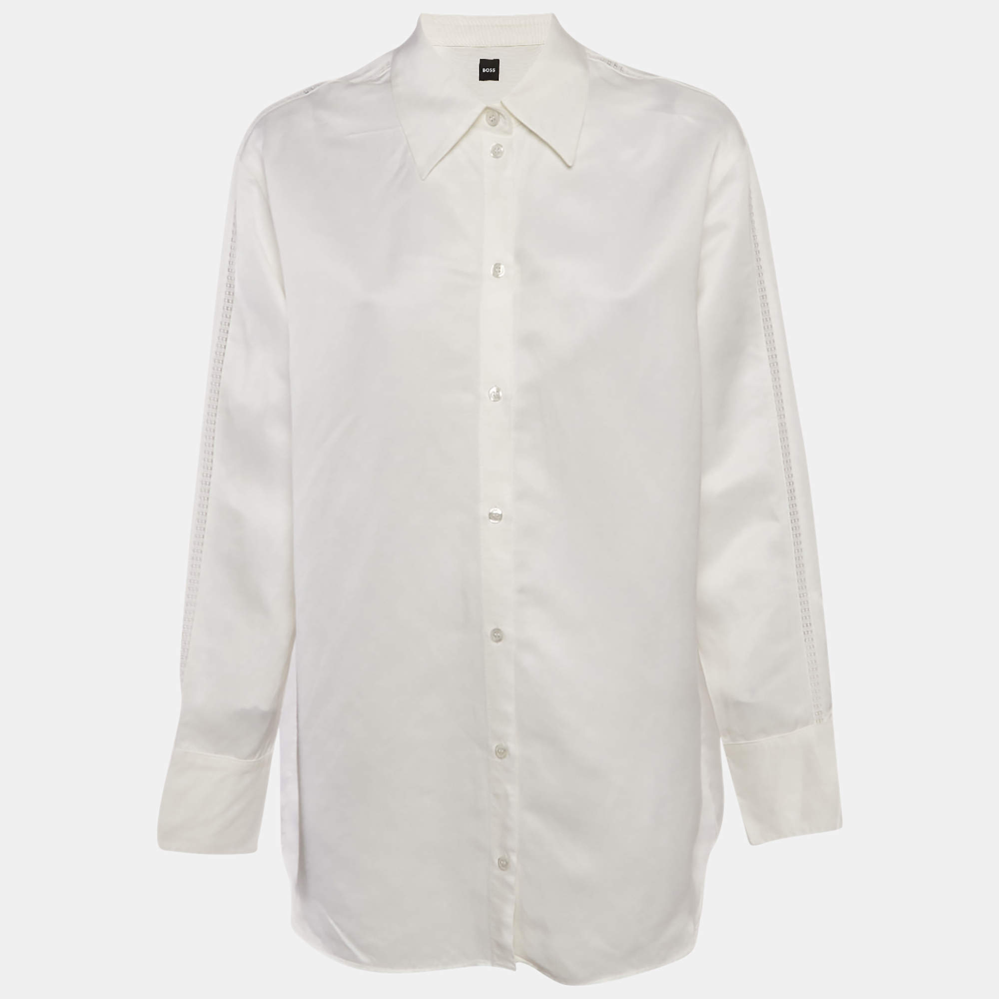 مملوكة مسبقًا قميص بوس باي هوغو بوس بلون أبيض بمزيج كروشيه من الكتان ميديم