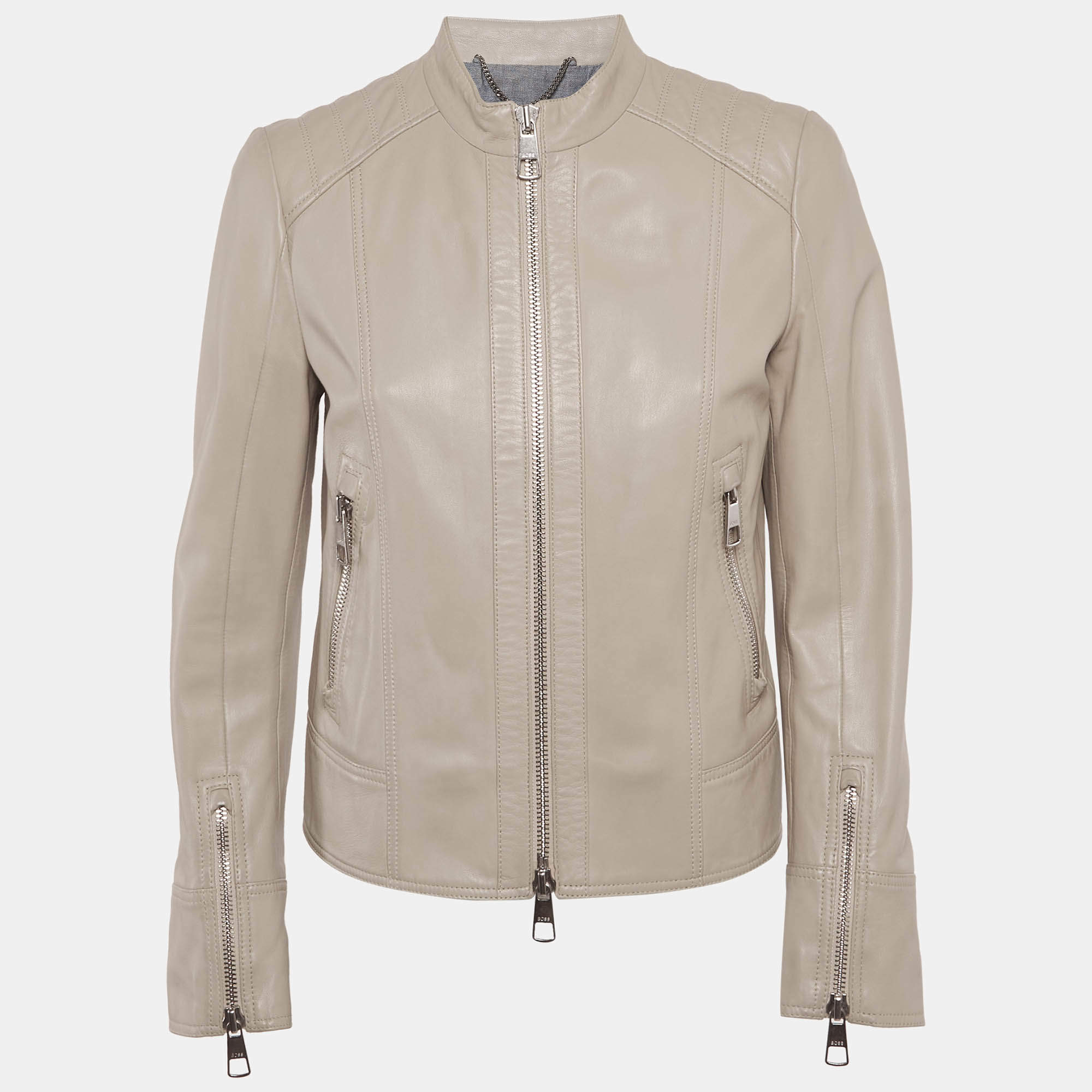 Pre Owned Boss By Hugo Boss Beige Leather Zip-Up Jacket S