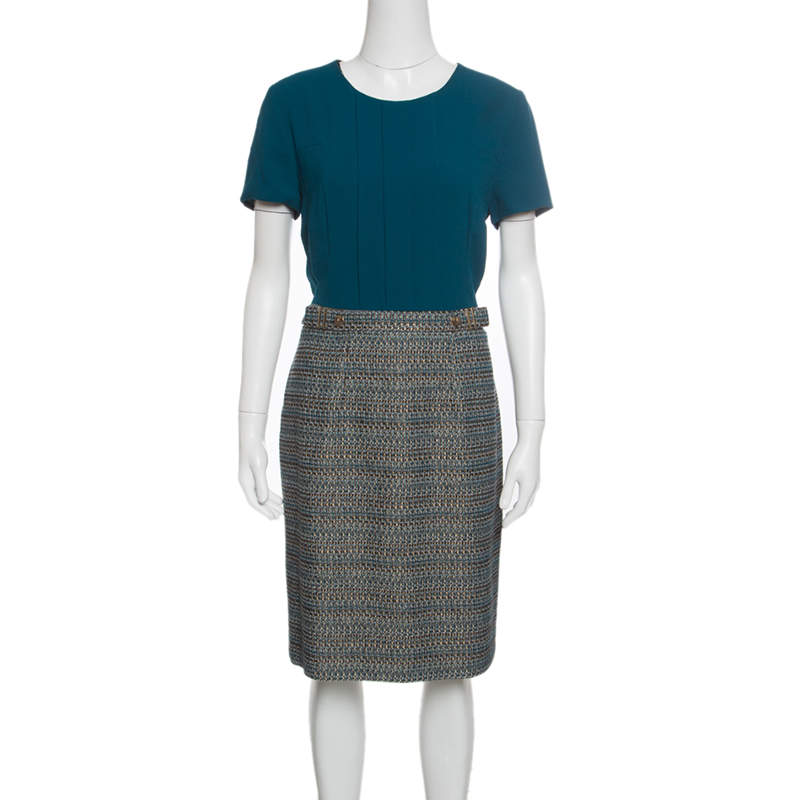Pre Owned Boss By Hugo Boss Teal Textured Belted Divenice Dress M