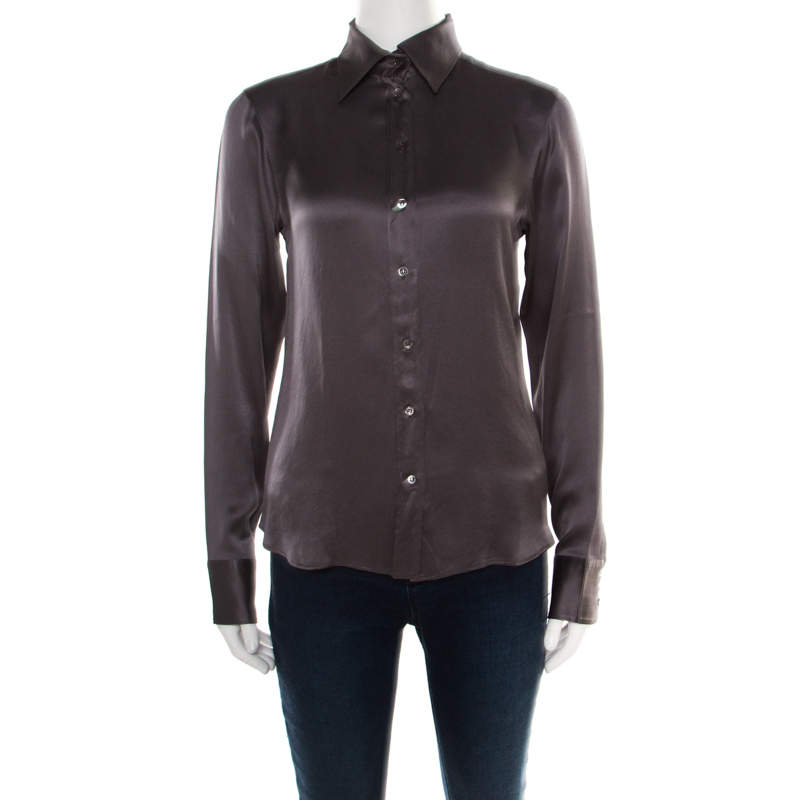 Pre Owned Boss By Hugo Boss Grey Silk Satin Long Sleeve Button Front Shirt S 